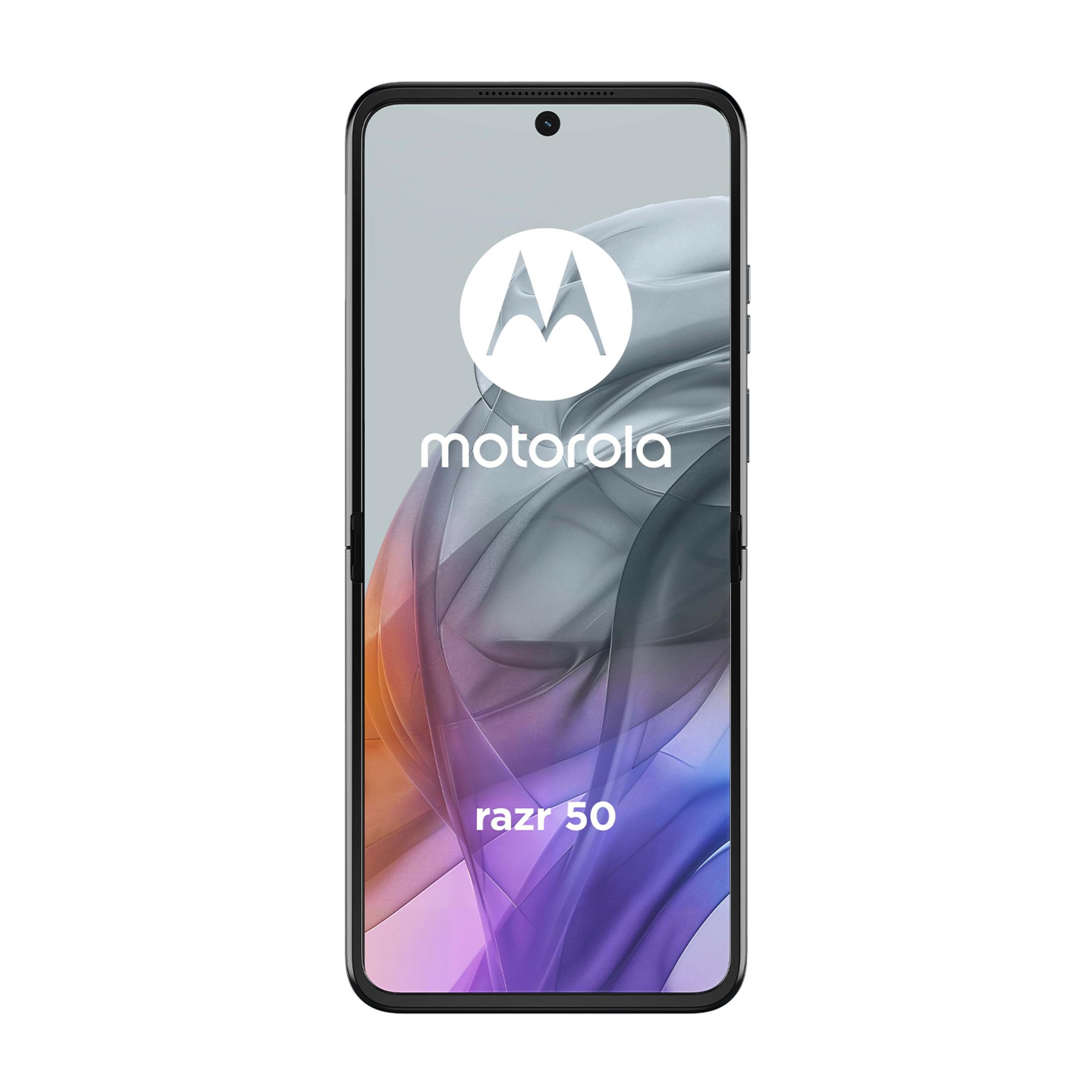 Smartfon Motorola Razr 50 z logo Motorola i abstrakcyjną grafiką tła.