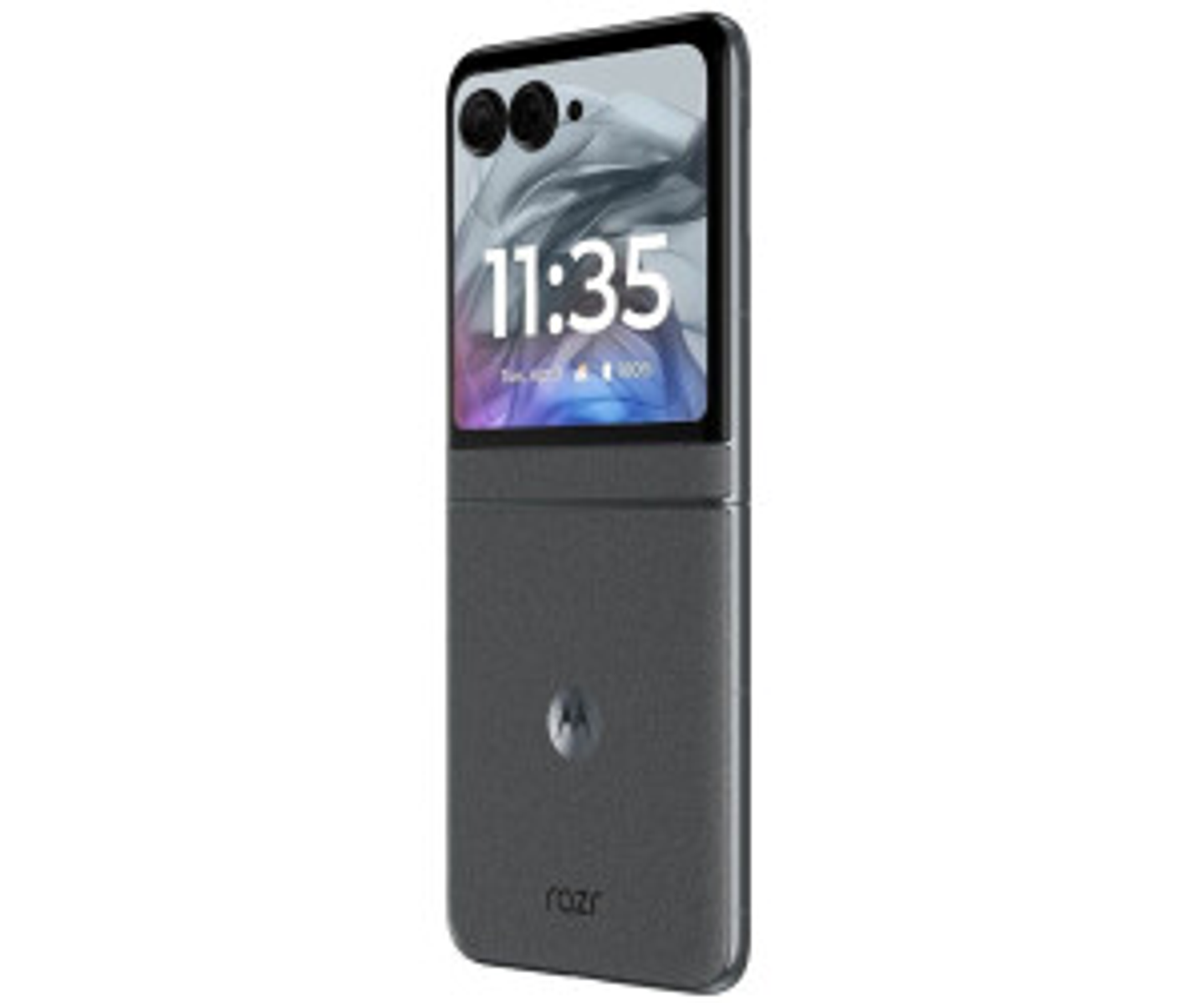 Ciemny telefon klapkowy z dwoma aparatami u góry wyświetlający godzinę 11:35.
