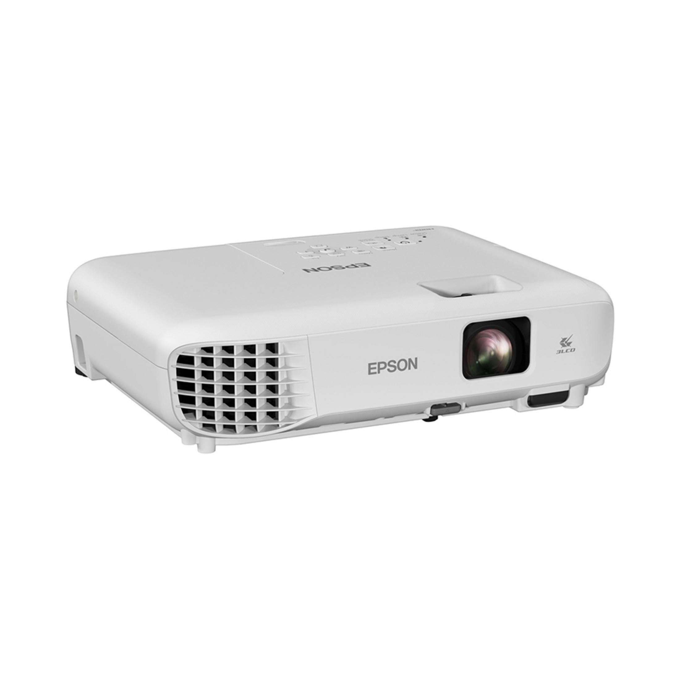 Ein weißer Epson-Projektor mit Lüftungsschlitzen und Linse.