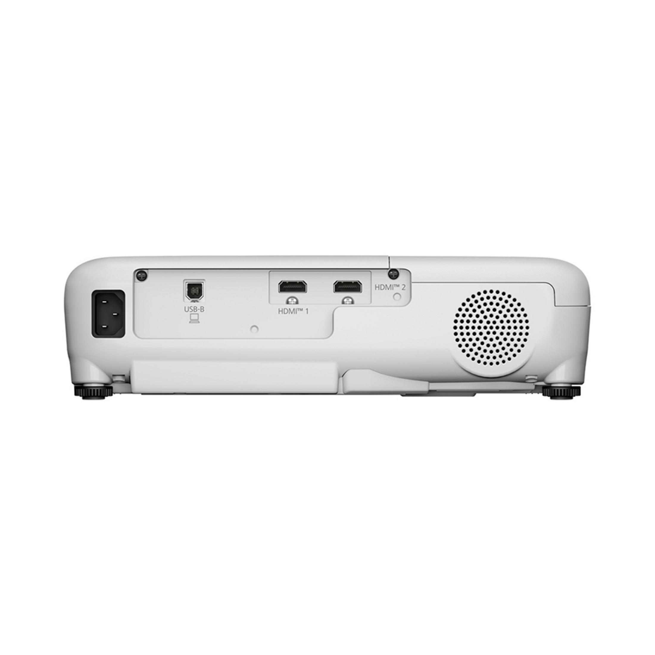 Rückseite eines weißen Projektors mit Anschlüssen: Strom, USB-B, 2x HDMI und Lüftungsgitter.