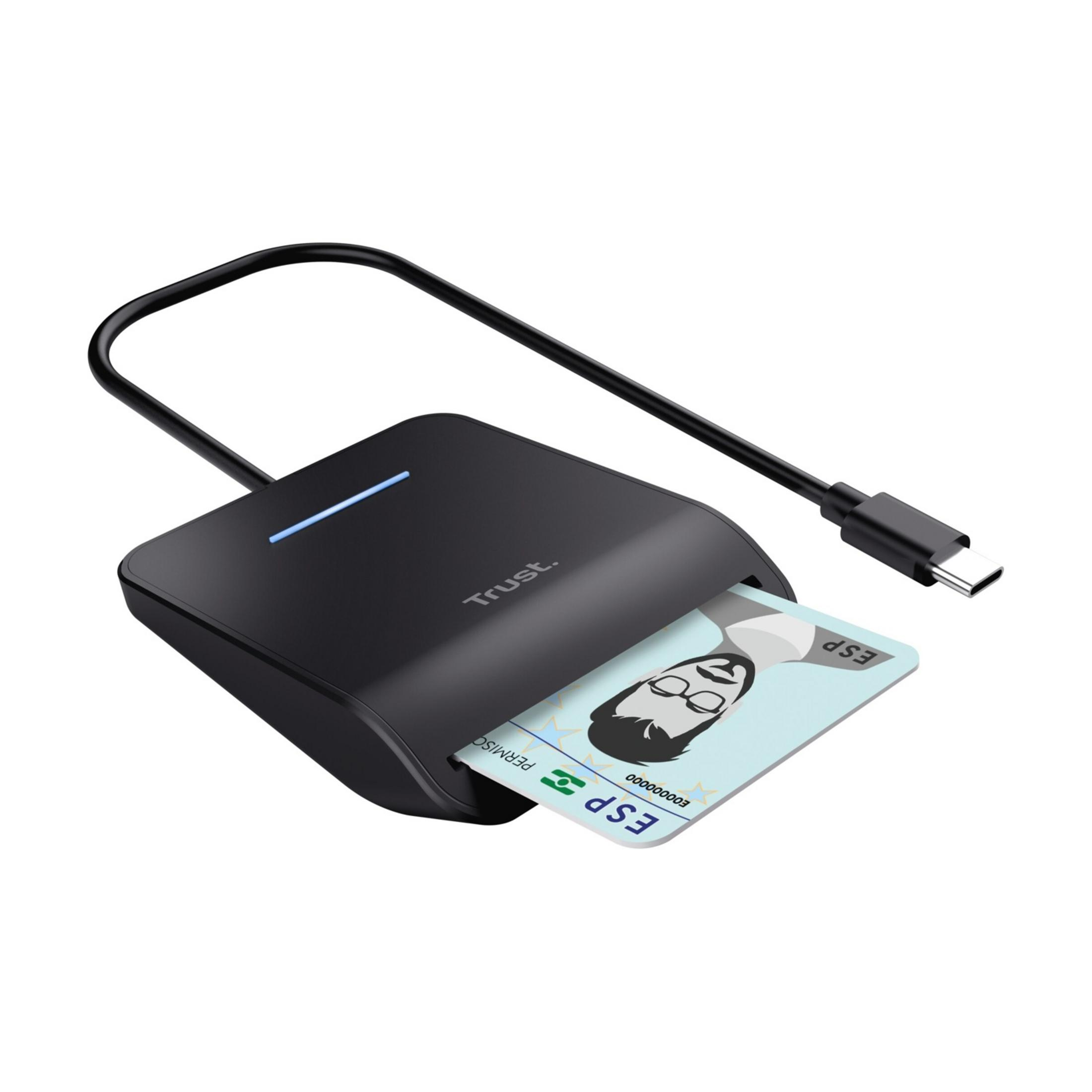 Un lettore di carte nero con cavo USB-C e una scheda ESP inserita.