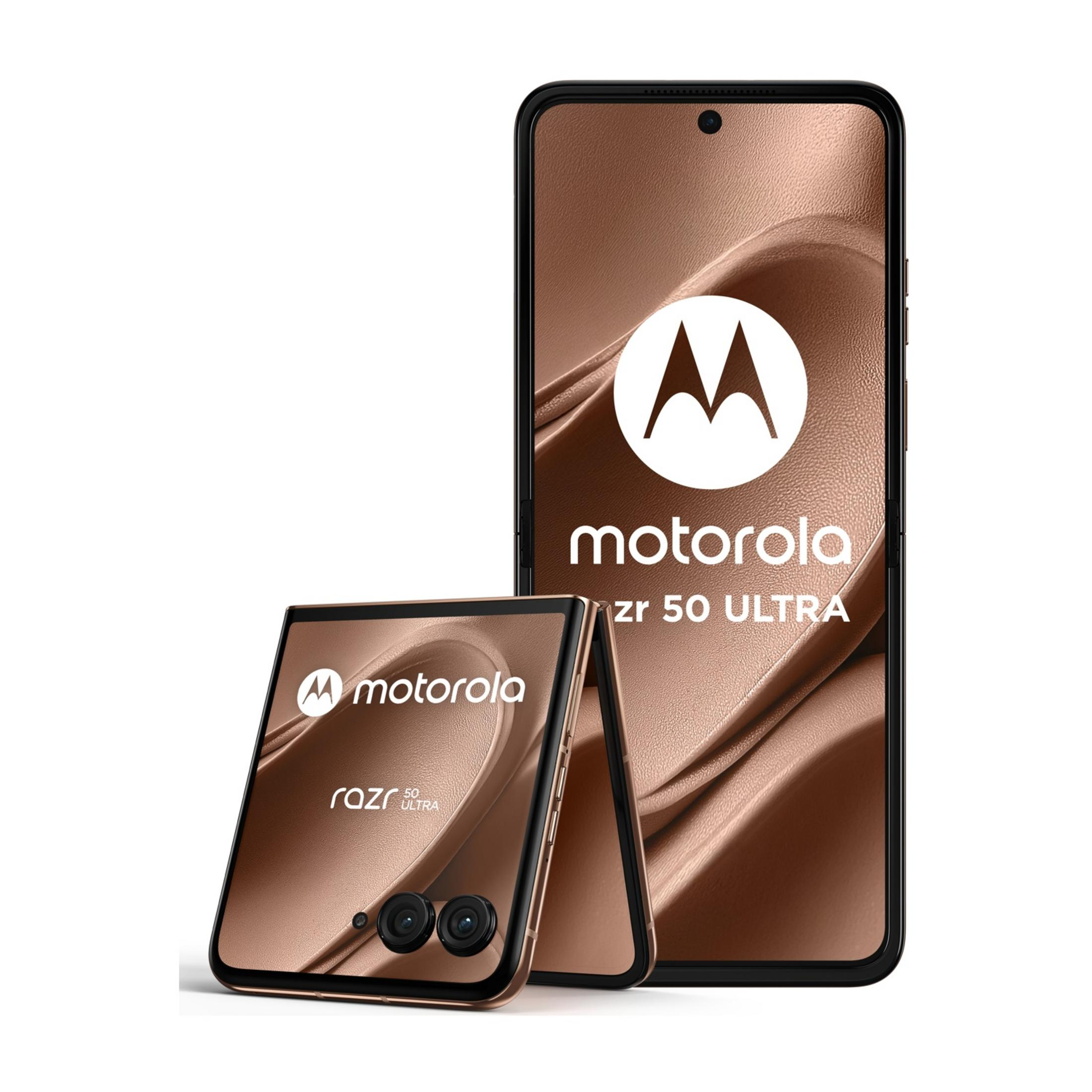 Smartfon Motorola Razr 50 Ultra, otwarty i zamknięty, na białym tle.