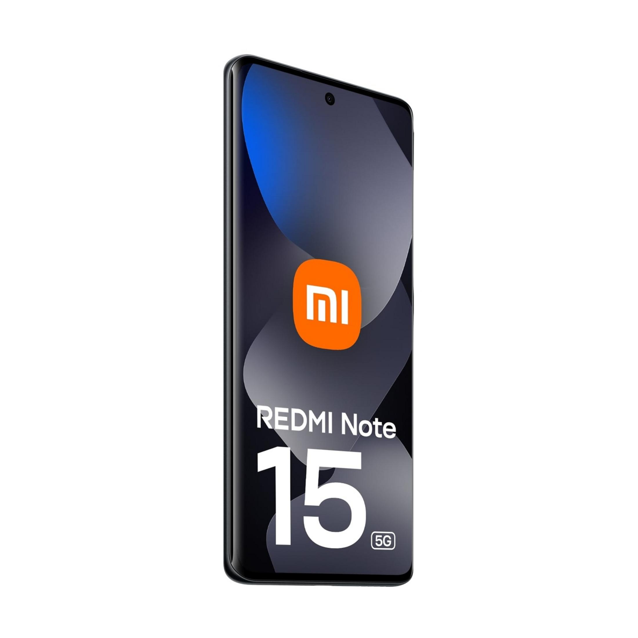 Czarny smartfon Xiaomi Redmi Note 15 5G z pomarańczowym logo na ekranie.