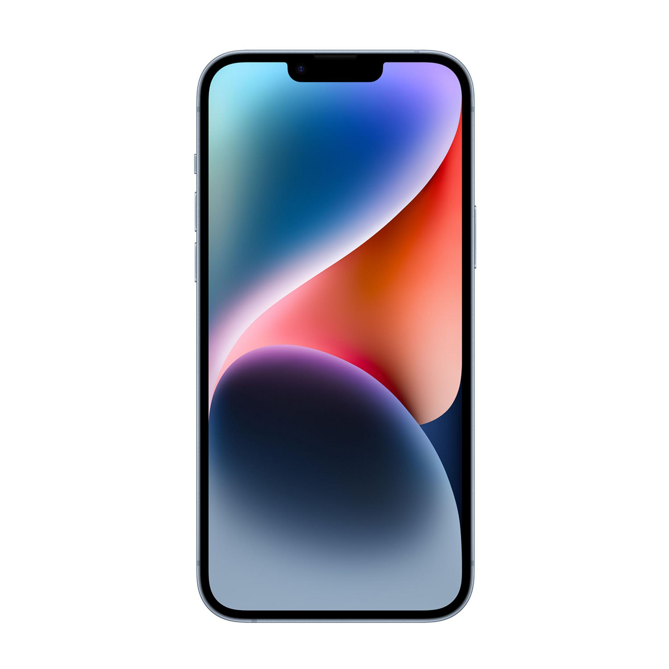 Jasnoniebieski smartfon z kolorową tapetą. Widoczne jest wcięcie.