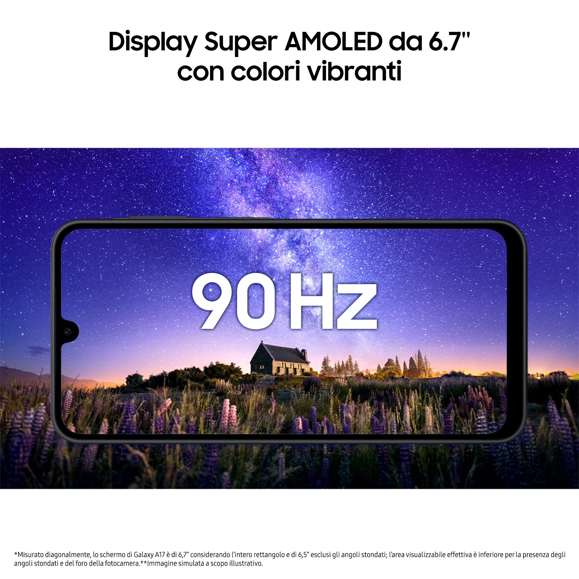 Display smartphone mostra 90 Hz su cielo stellato e chiesa.