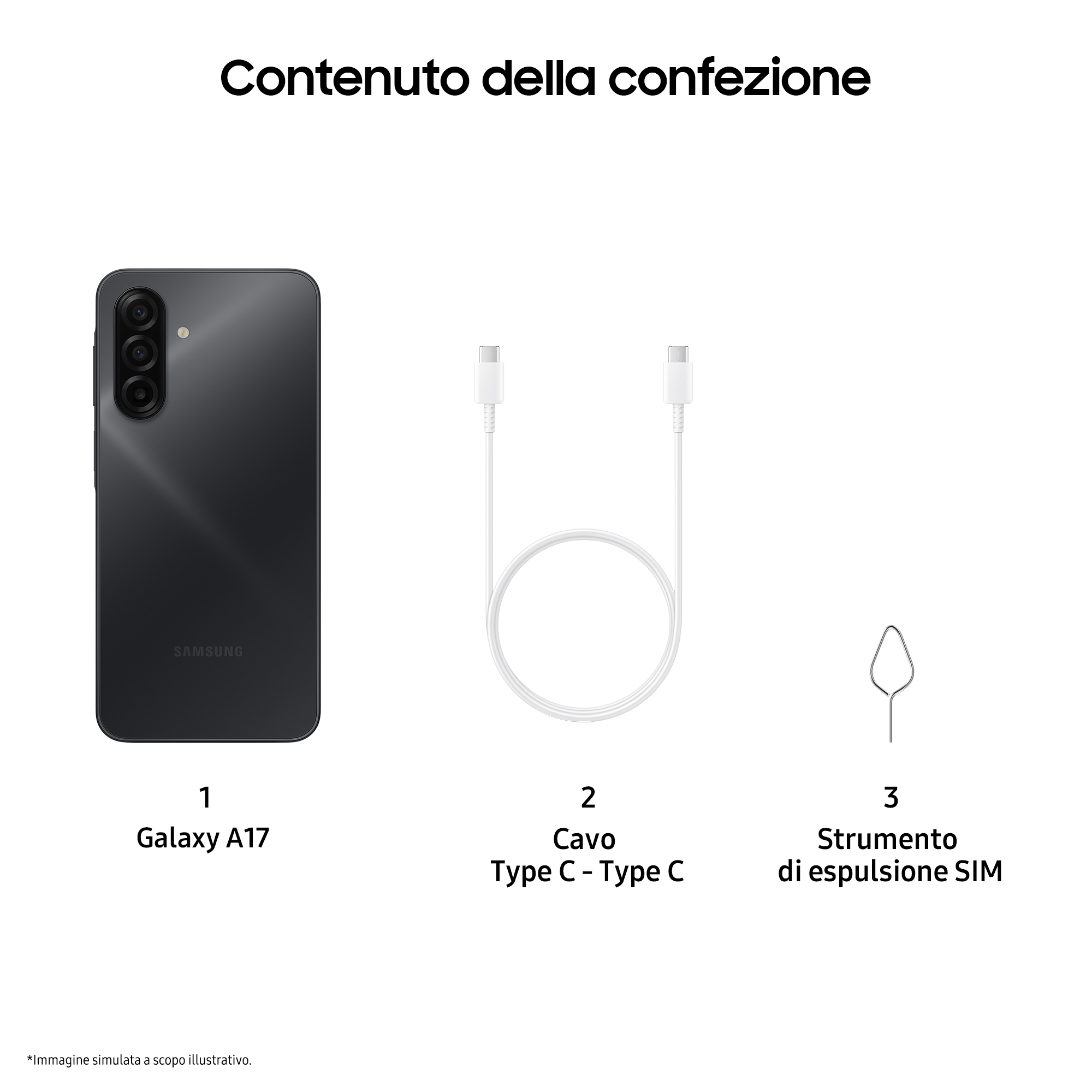 Telefono Samsung Galaxy A17, cavo USB-C e strumento espulsione SIM.