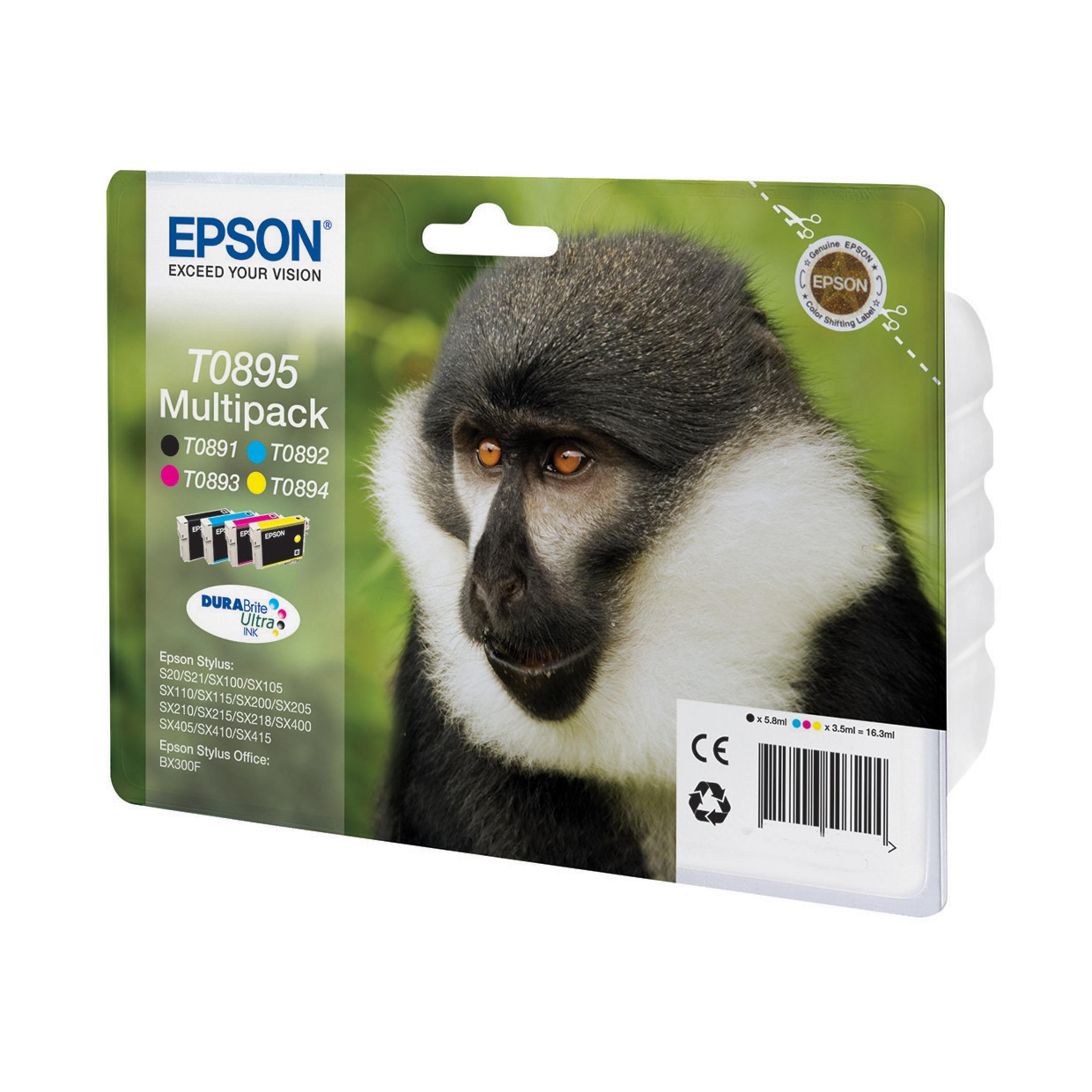 Epson T0895 Multipack inktcartridges met een apengezicht op de verpakking.