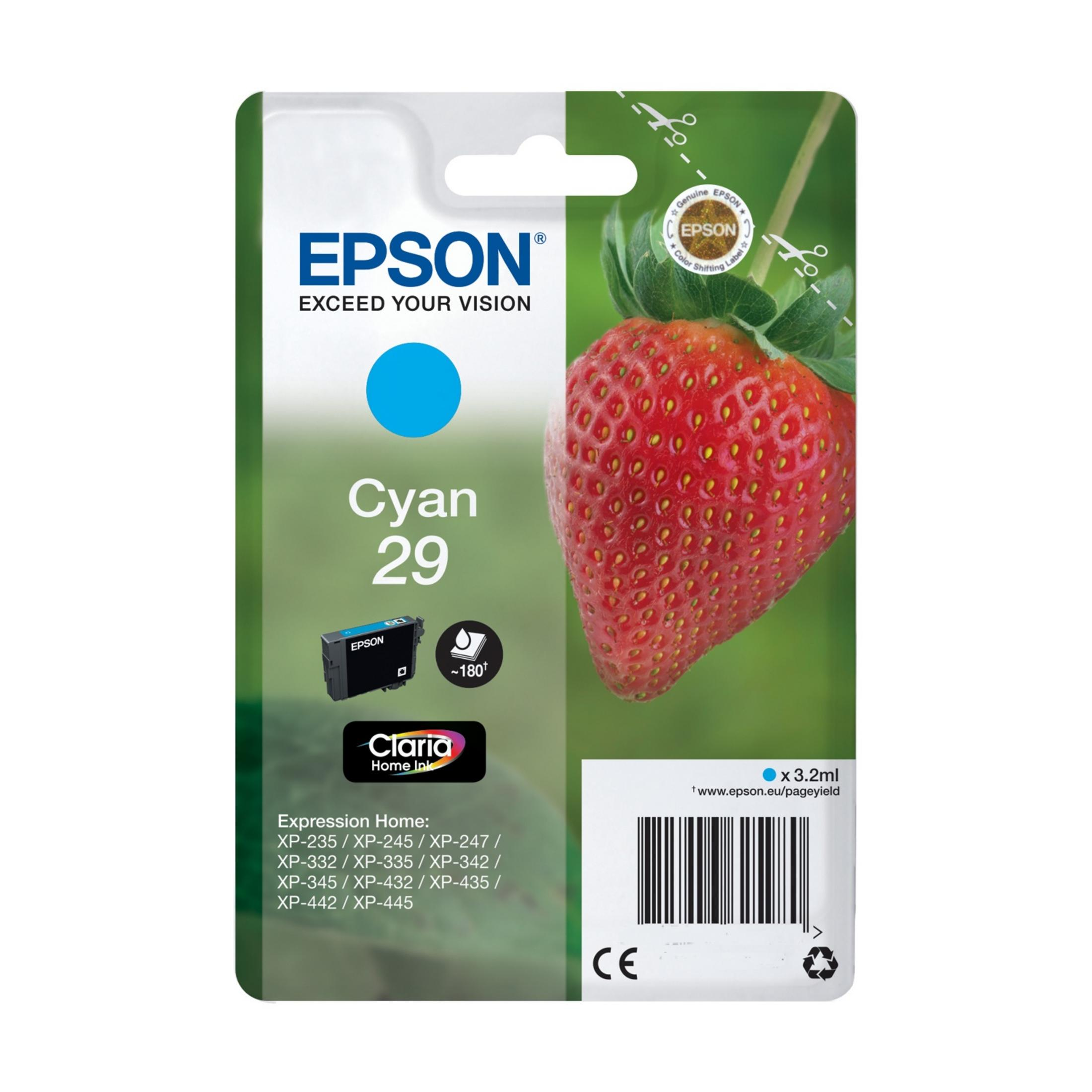 Epson Cyan 29 inktcartridge met aardbeienafbeelding en productinformatie.