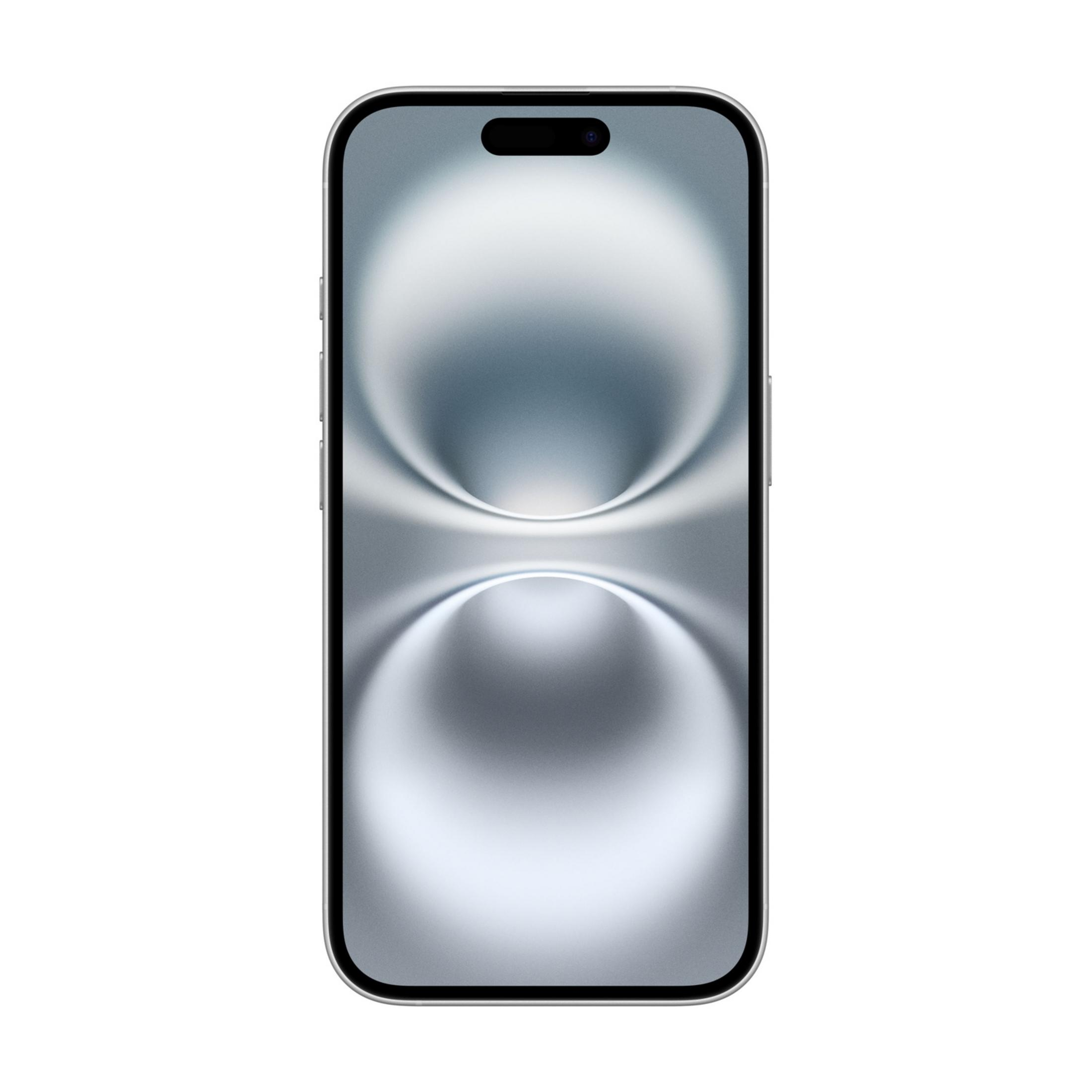 Srebrny smartfon z ciemnym wcięciem u góry i abstrakcyjnym szarym tłem.