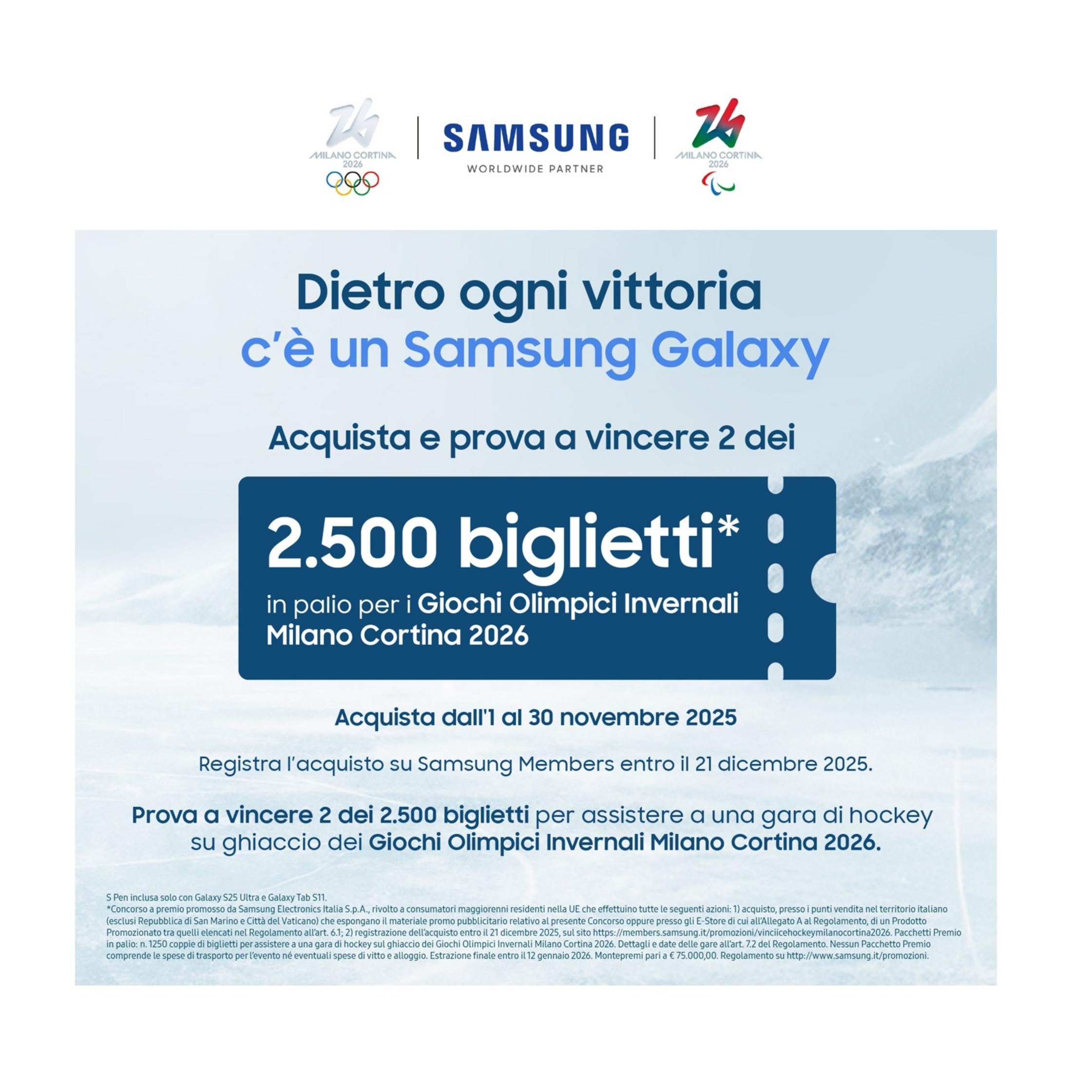 Samsung-Werbung für die Olympischen Winterspiele Mailand Cortina 2026 mit Gewinnspiel.
