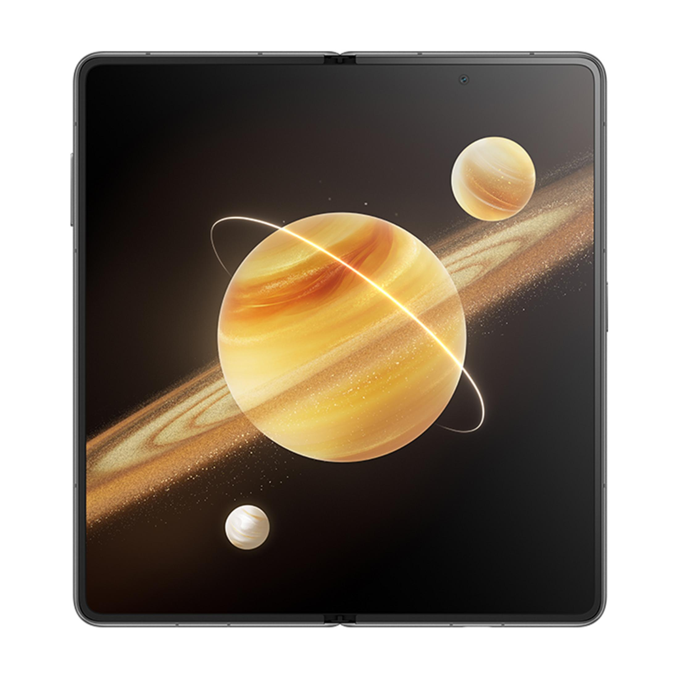 Rozłożony smartfon wyświetla galaktykę z planetami i pierścieniami.