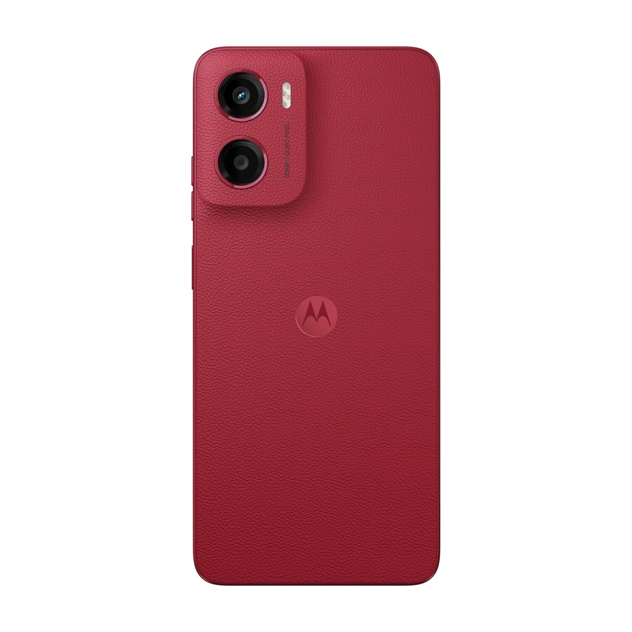 Czerwony smartfon z podwójnym aparatem i logo Motorola.