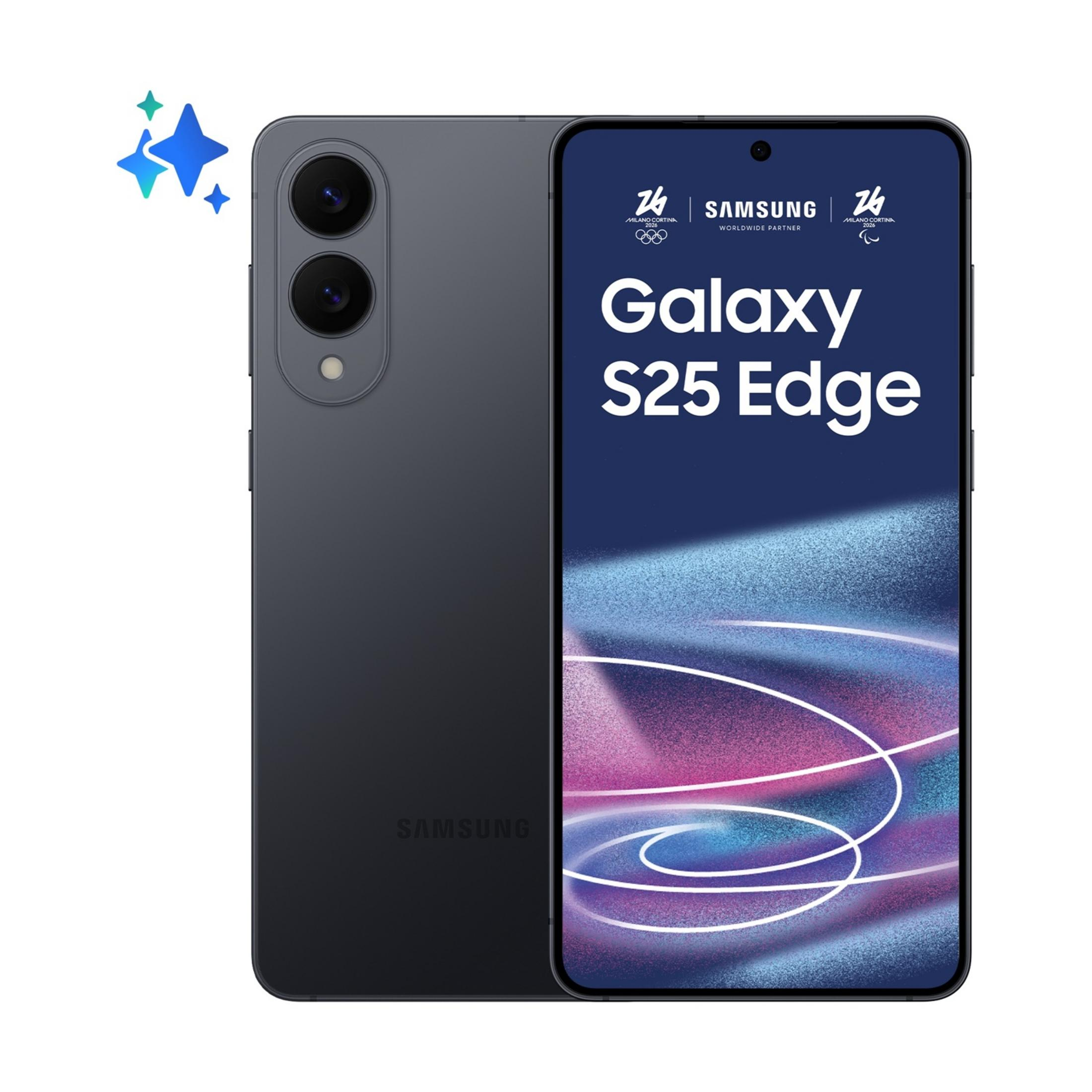 Ciemny smartfon Samsung Galaxy S25 Edge z dwoma aparatami z tyłu.