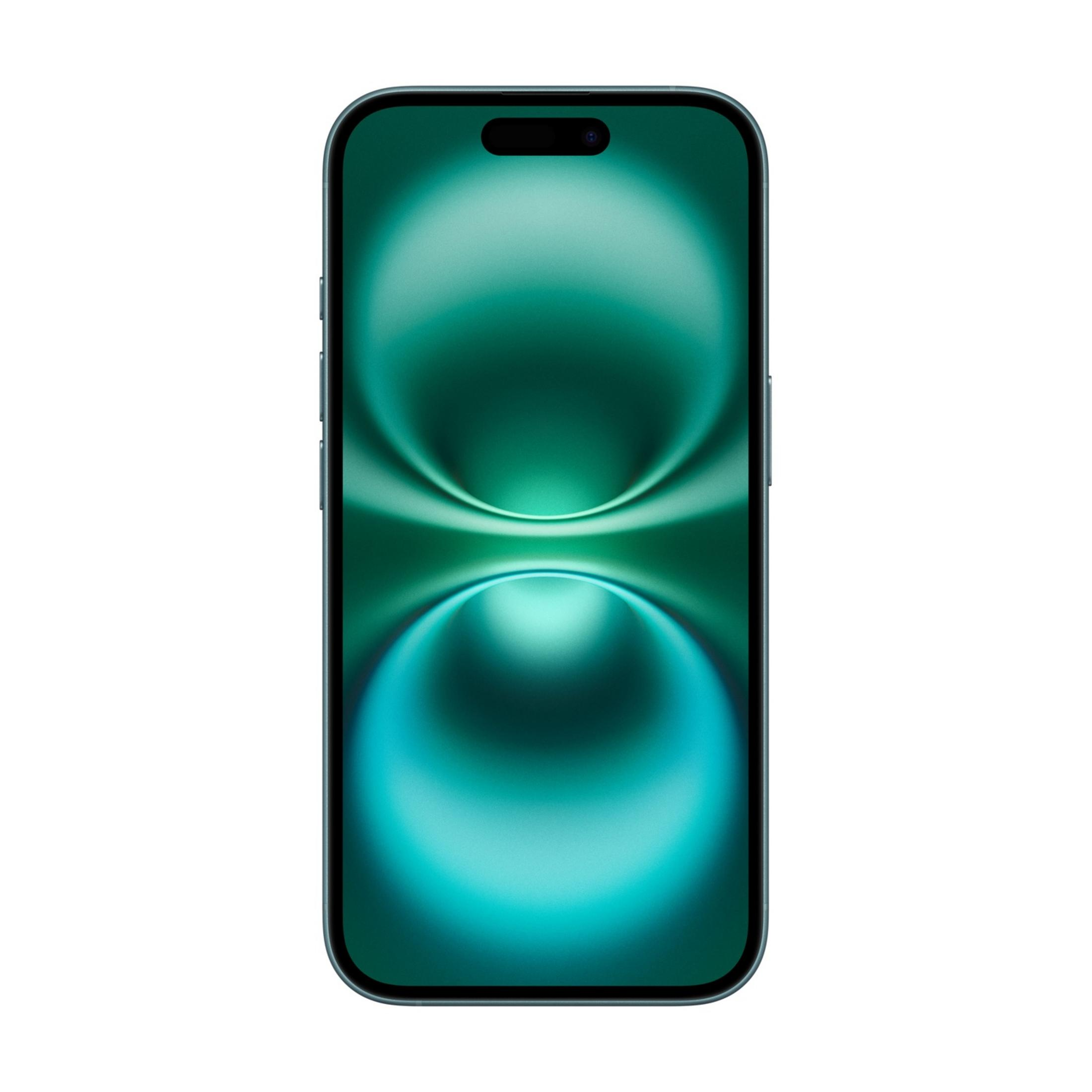 Nowoczesny smartfon z ciemnym ekranem i zielonym abstrakcyjnym tłem.