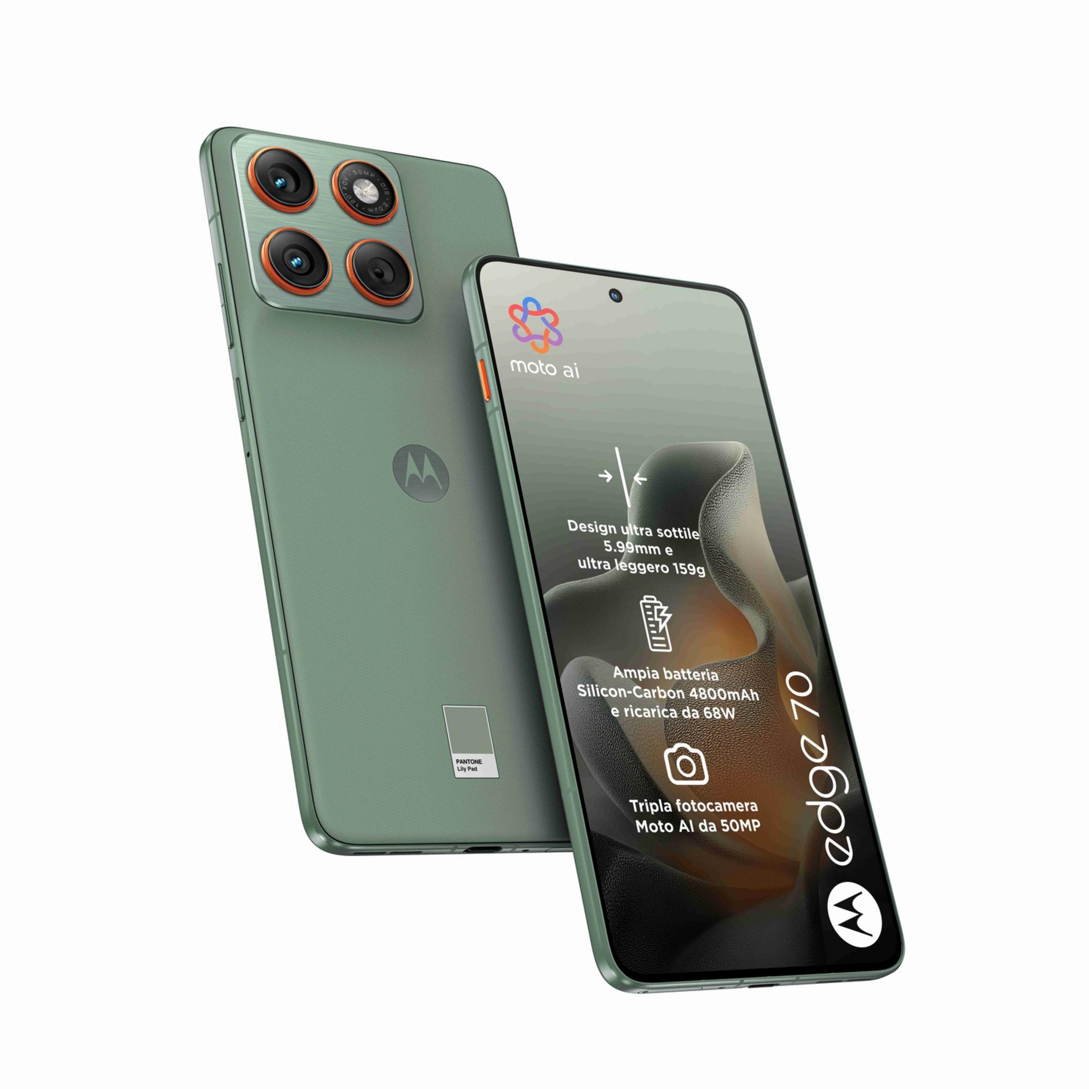 Zielony smartfon Motorola Edge 70 z potrójnym aparatem i 