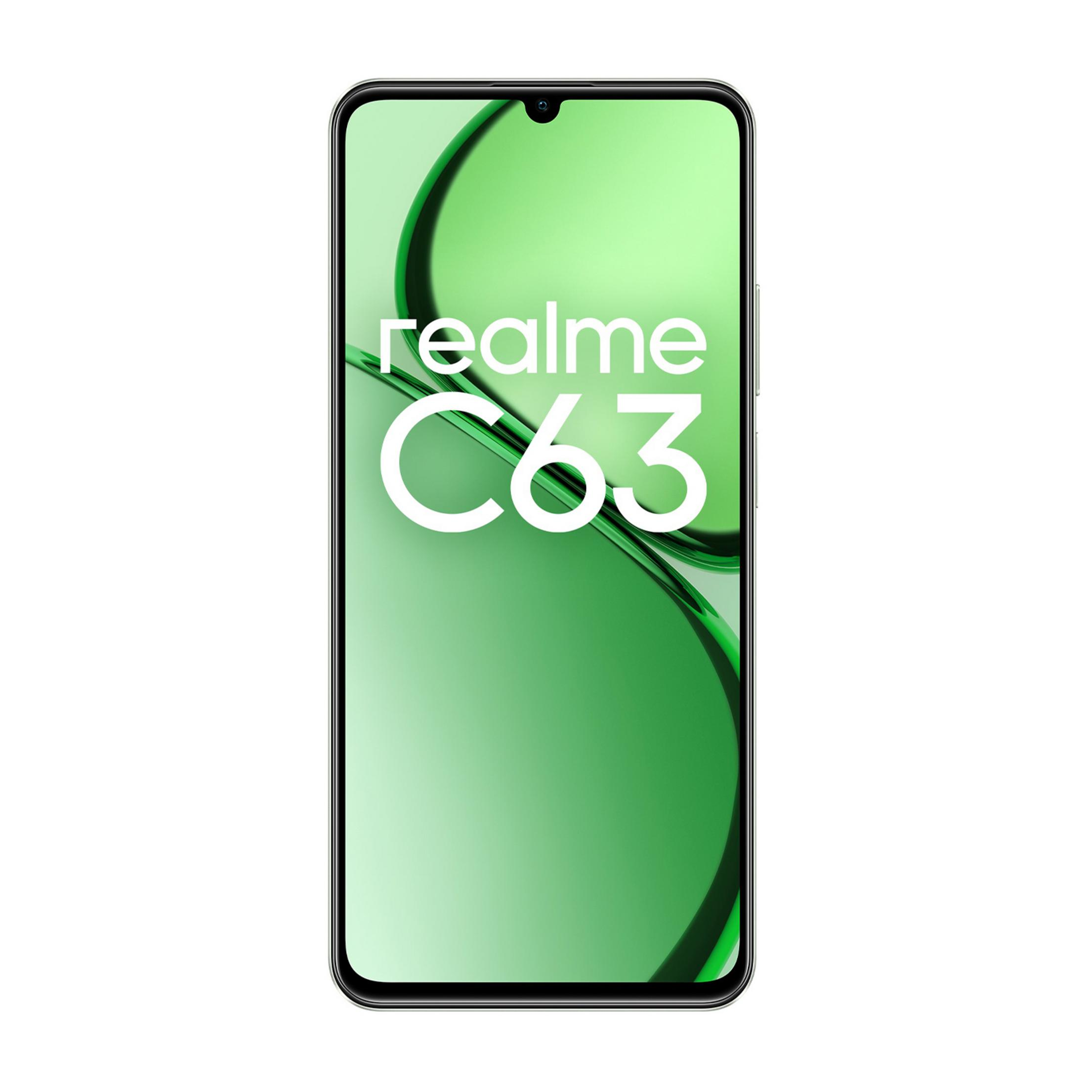 Smartfon z zielonym tłem i napisem Realme C63.