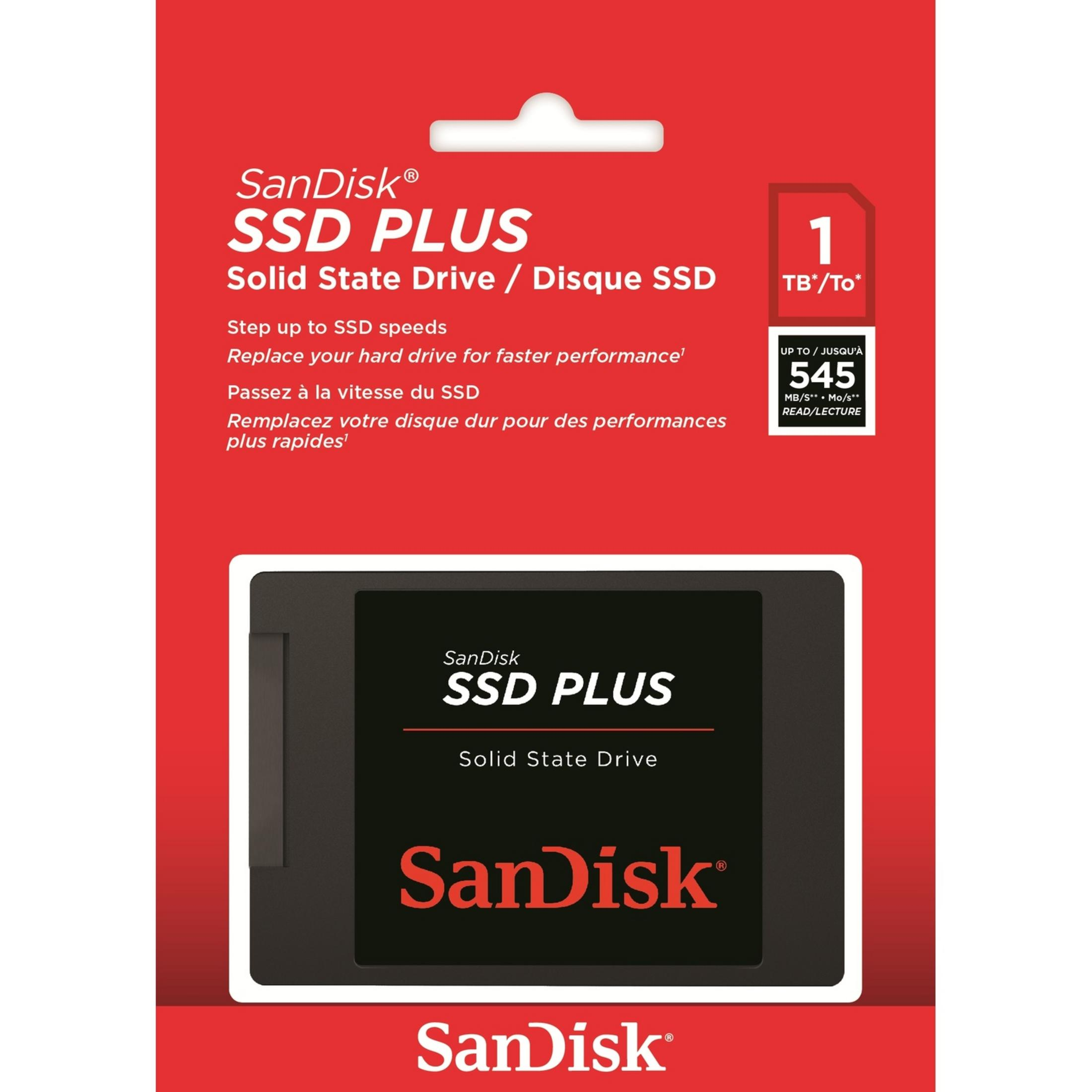 Confezione SanDisk SSD PLUS 1TB, con velocità di lettura di 545 MB/s.