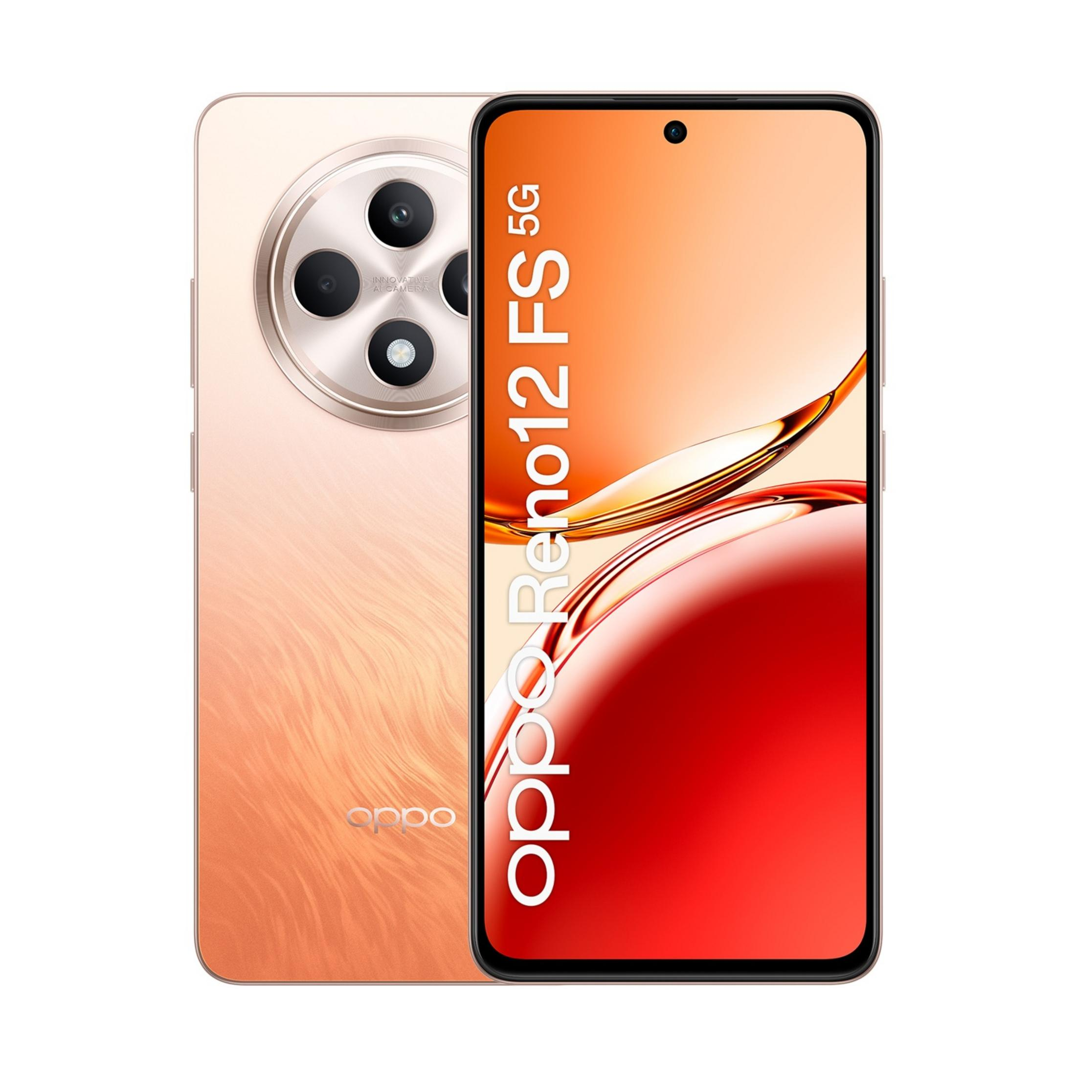 Złoty smartfon z tylnymi aparatami i czerwonym ekranem.