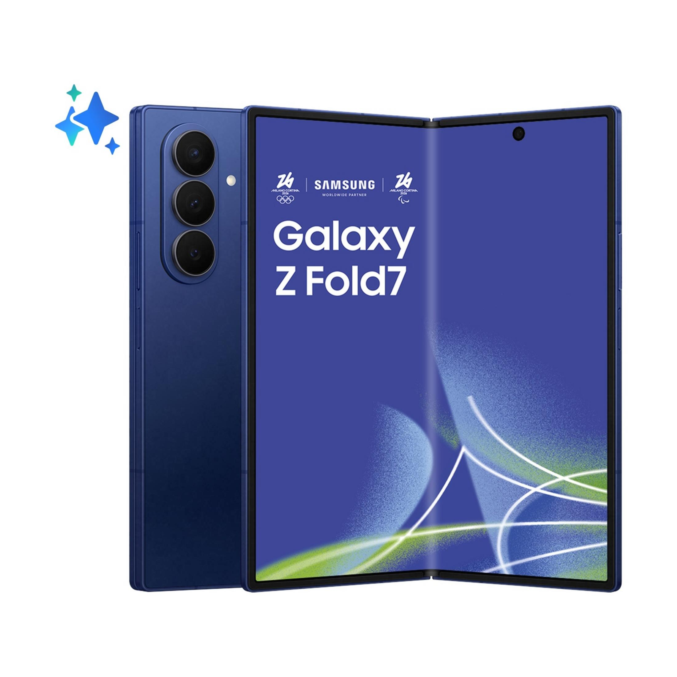 Niebieski Samsung Galaxy Z Fold7 z trzema aparatami, otwarty, na białym tle.