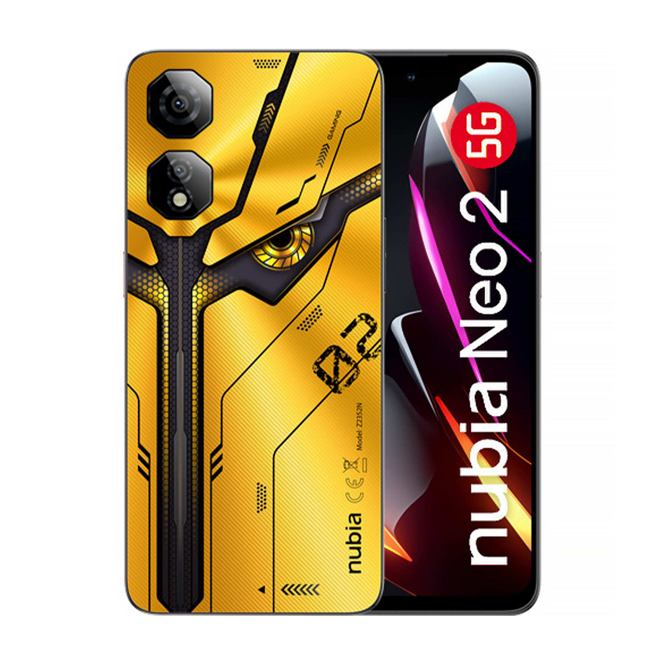 Żółty smartfon o efektownym designie z napisem "nubia Neo 2 5G" na ekranie.