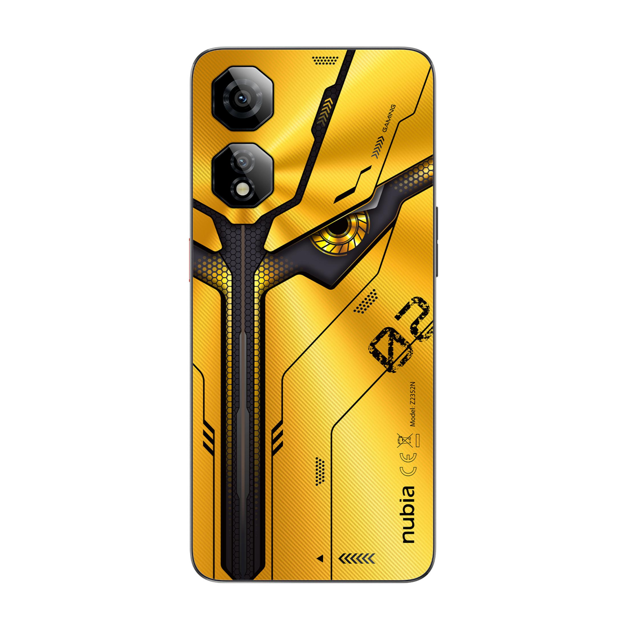 Złoty smartfon z futurystycznym designem i dwoma aparatami.