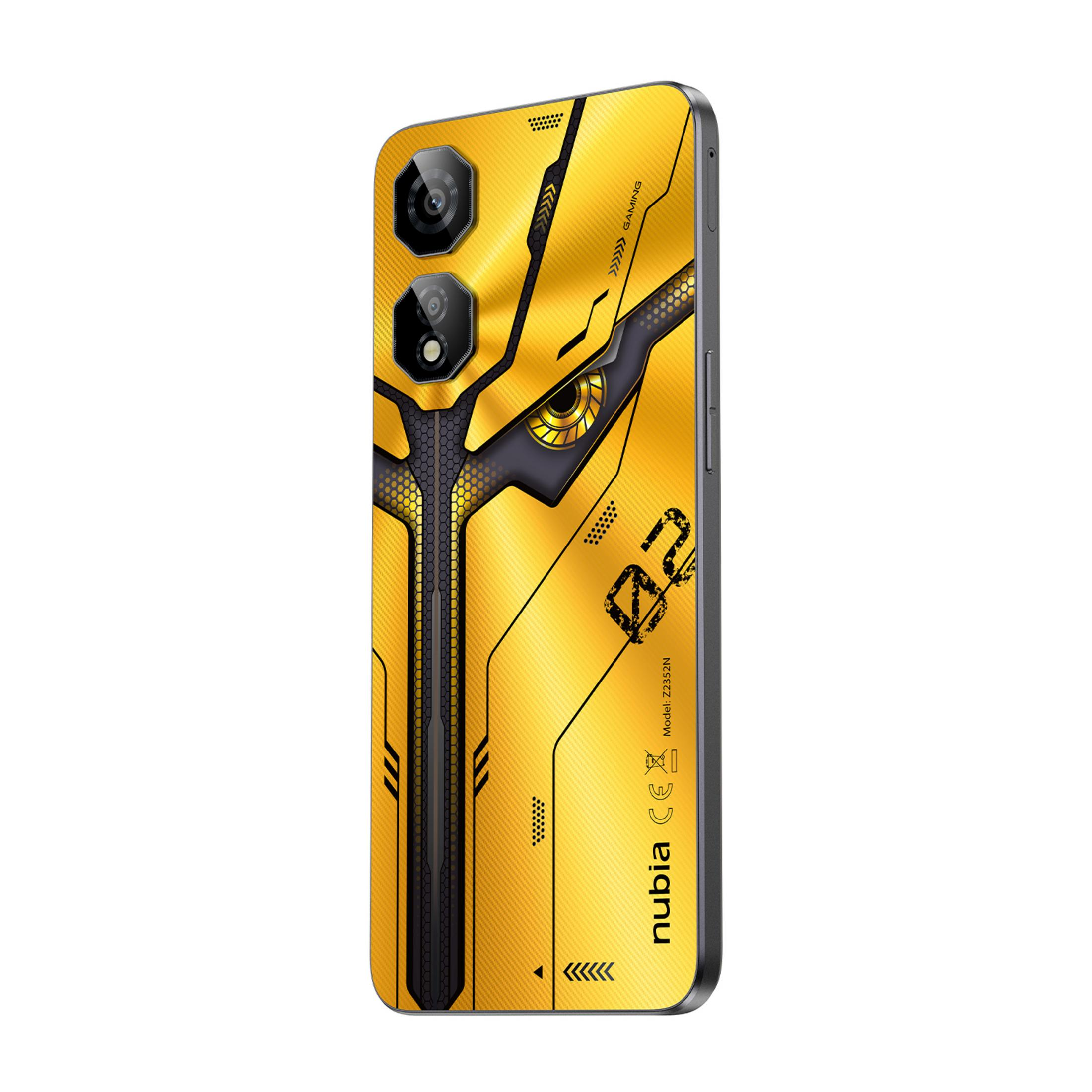 Żółty smartfon z czarnym wzorem, dwoma aparatami i logo "nubia".
