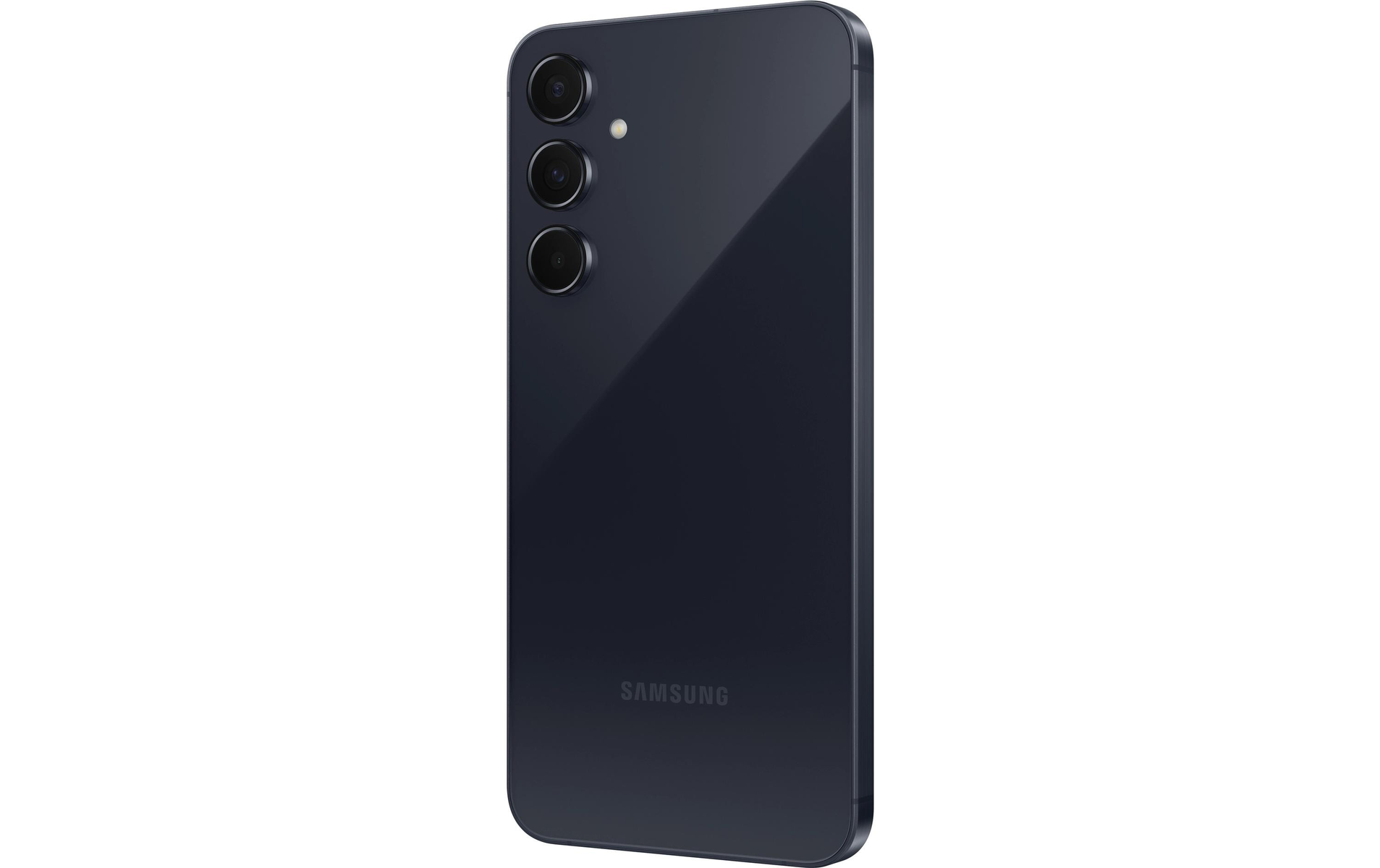 Dunkelblaues Samsung Smartphone von hinten mit drei Kameras.