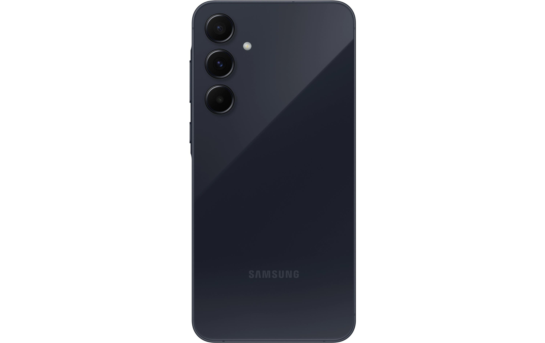 Dunkelblaues Samsung Smartphone von hinten mit drei Kameralinsen und Blitz.