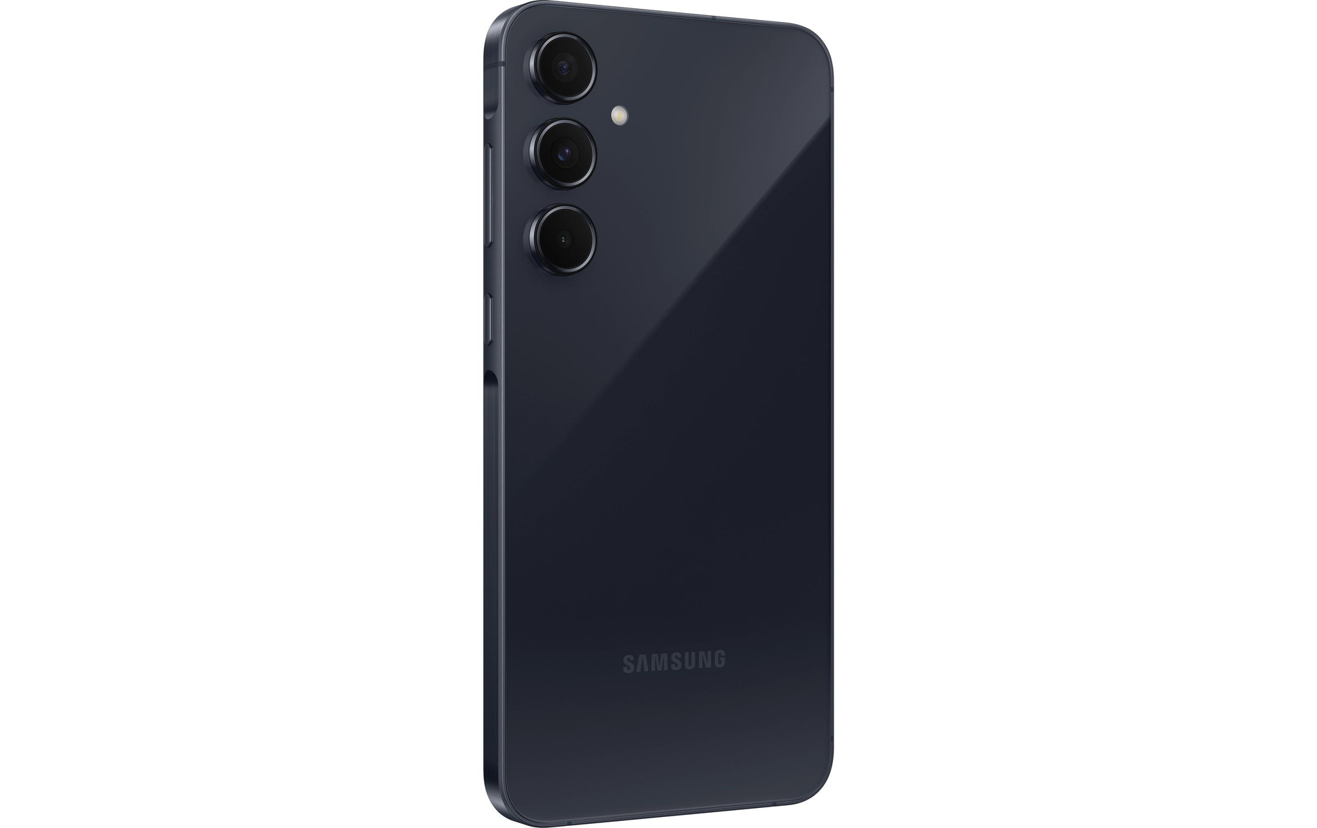 Dunkelblaues Smartphone mit drei Kameras auf der Rückseite.