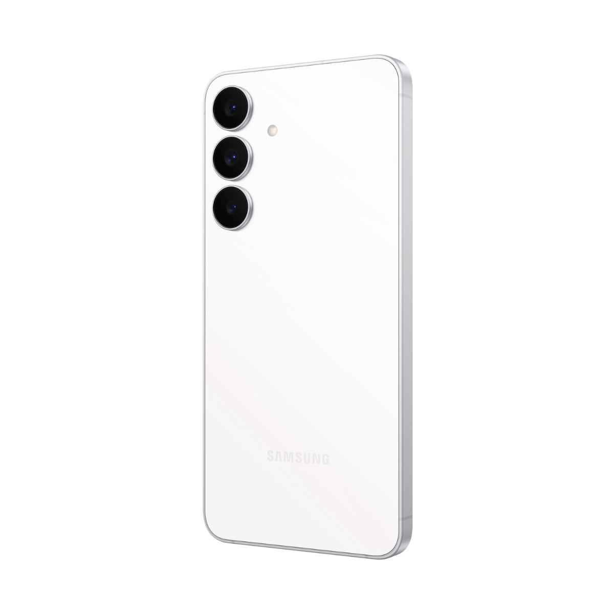 Biały telefon Samsung, widok z tyłu, z trzema aparatami i srebrną ramką.