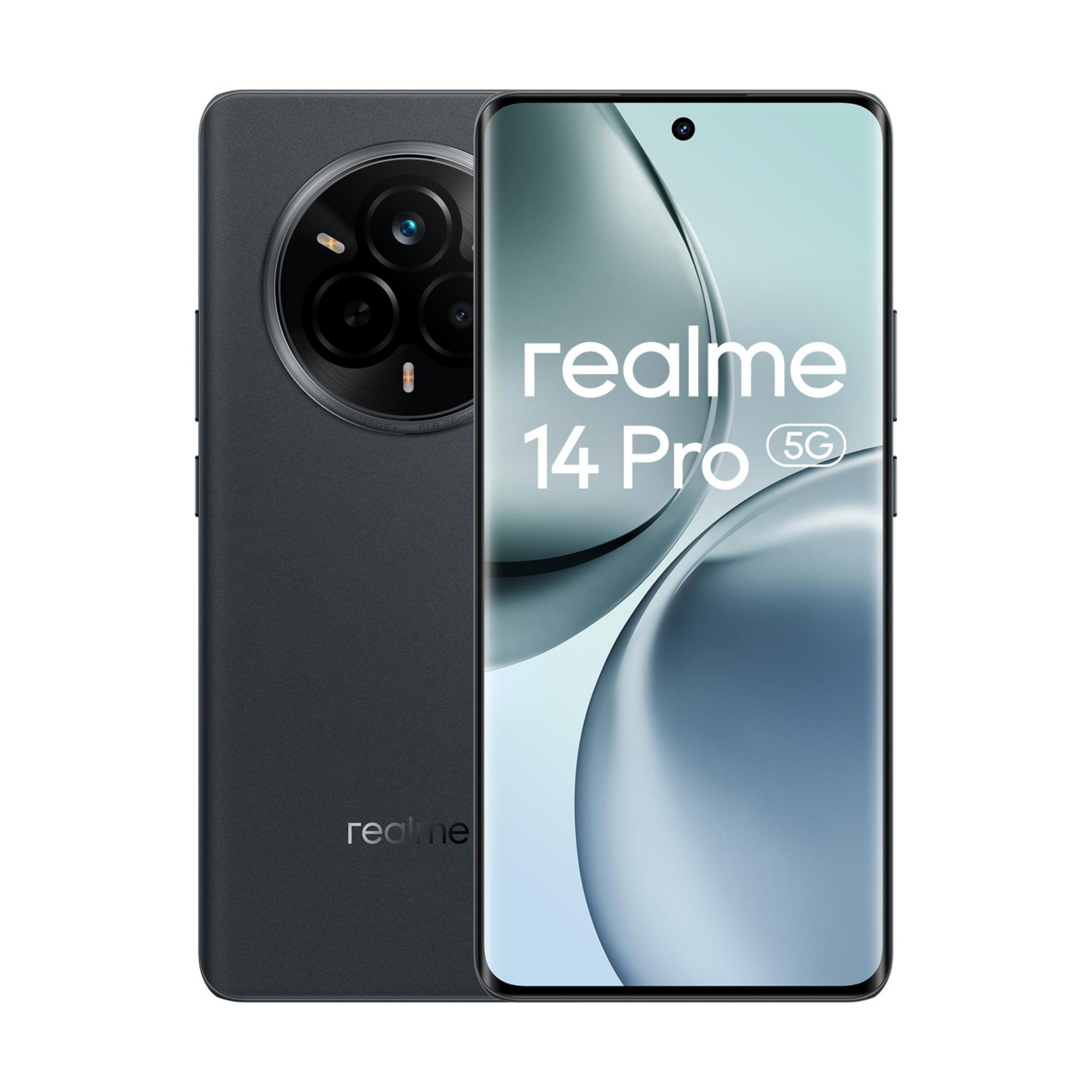 Czarny smartfon Realme 14 Pro 5G z okrągłym modułem aparatu z tyłu.