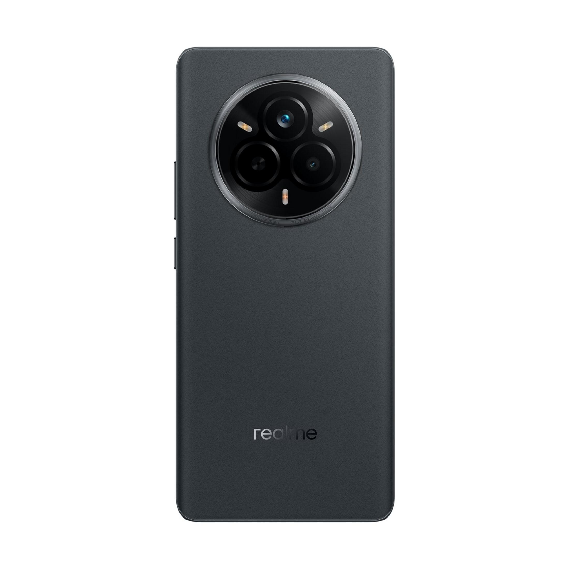Ciemnoszary smartfon z okrągłym modułem aparatu, trzema obiektywami i logo Realme.