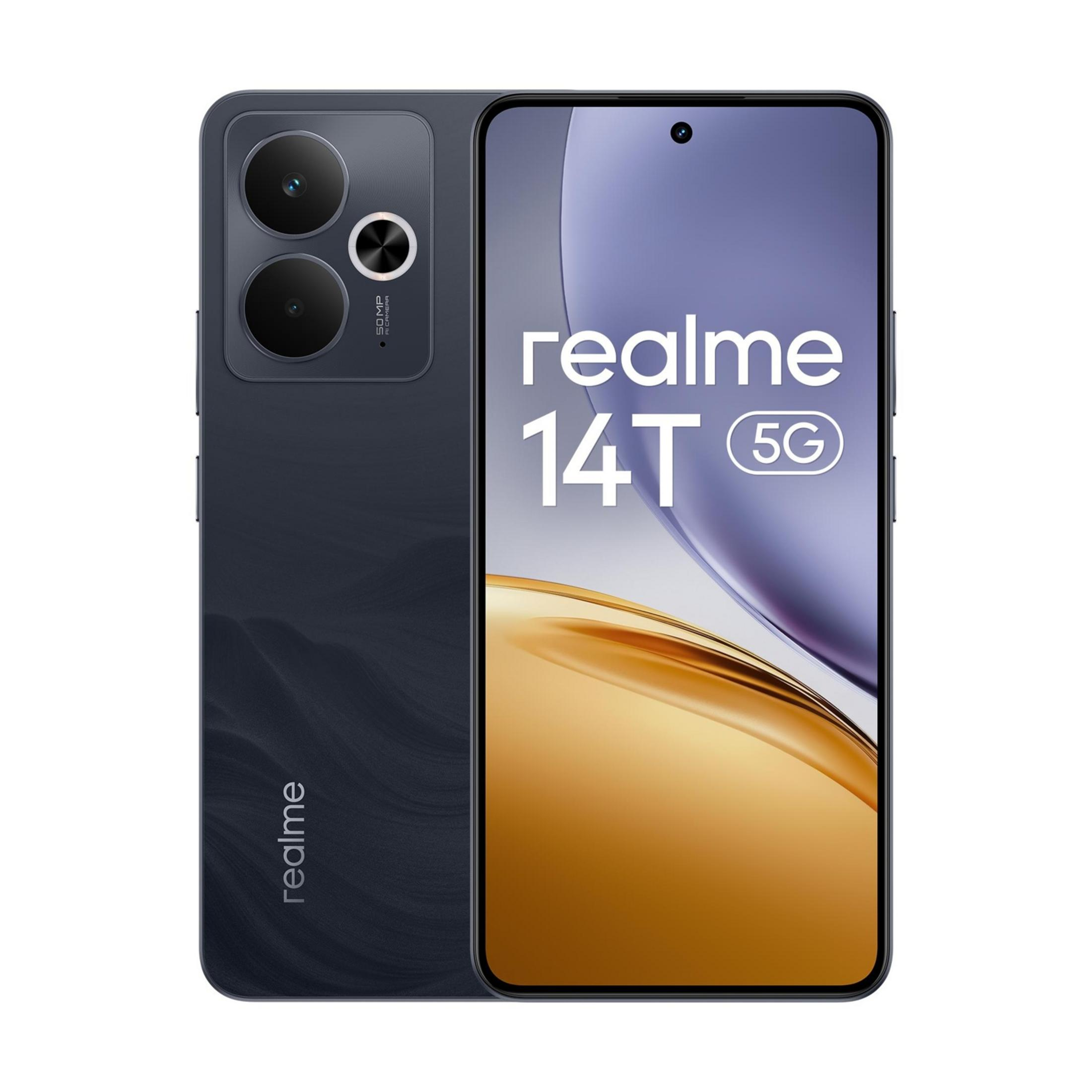 Uno smartphone Realme 14T 5G scuro con sistema di fotocamera posteriore.