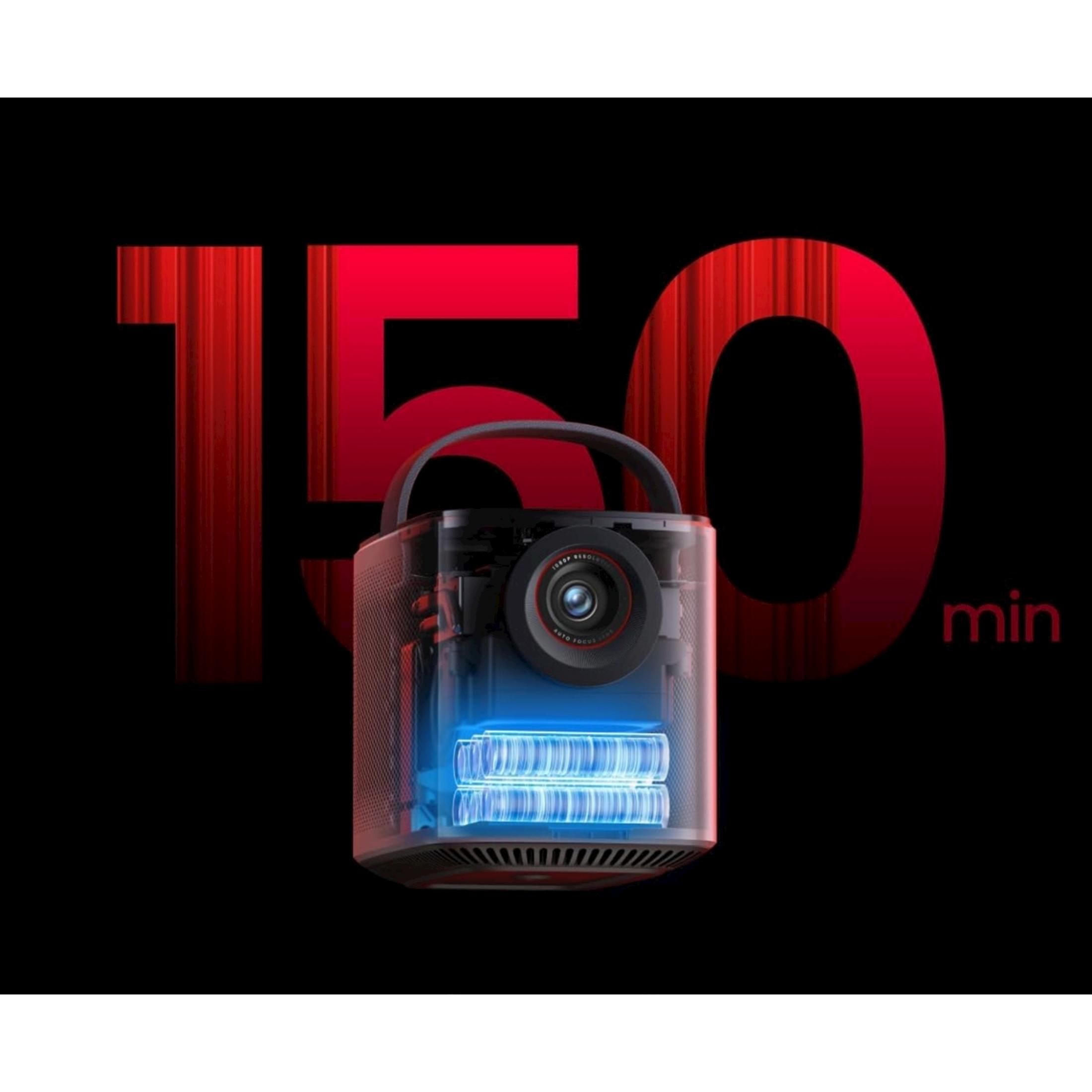 Przenośny projektor z 150 minutami pracy na baterii, podświetlanymi bateriami.