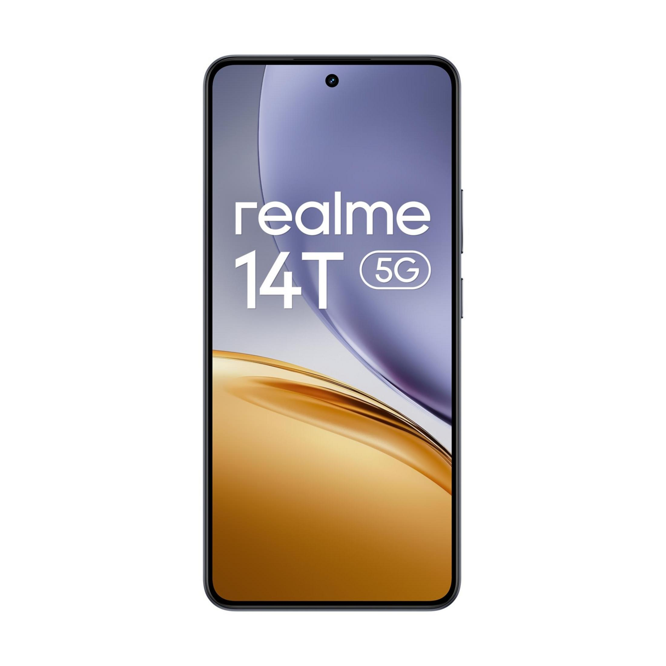 Smartphone Realme 14T 5G con sfondo viola e oro.