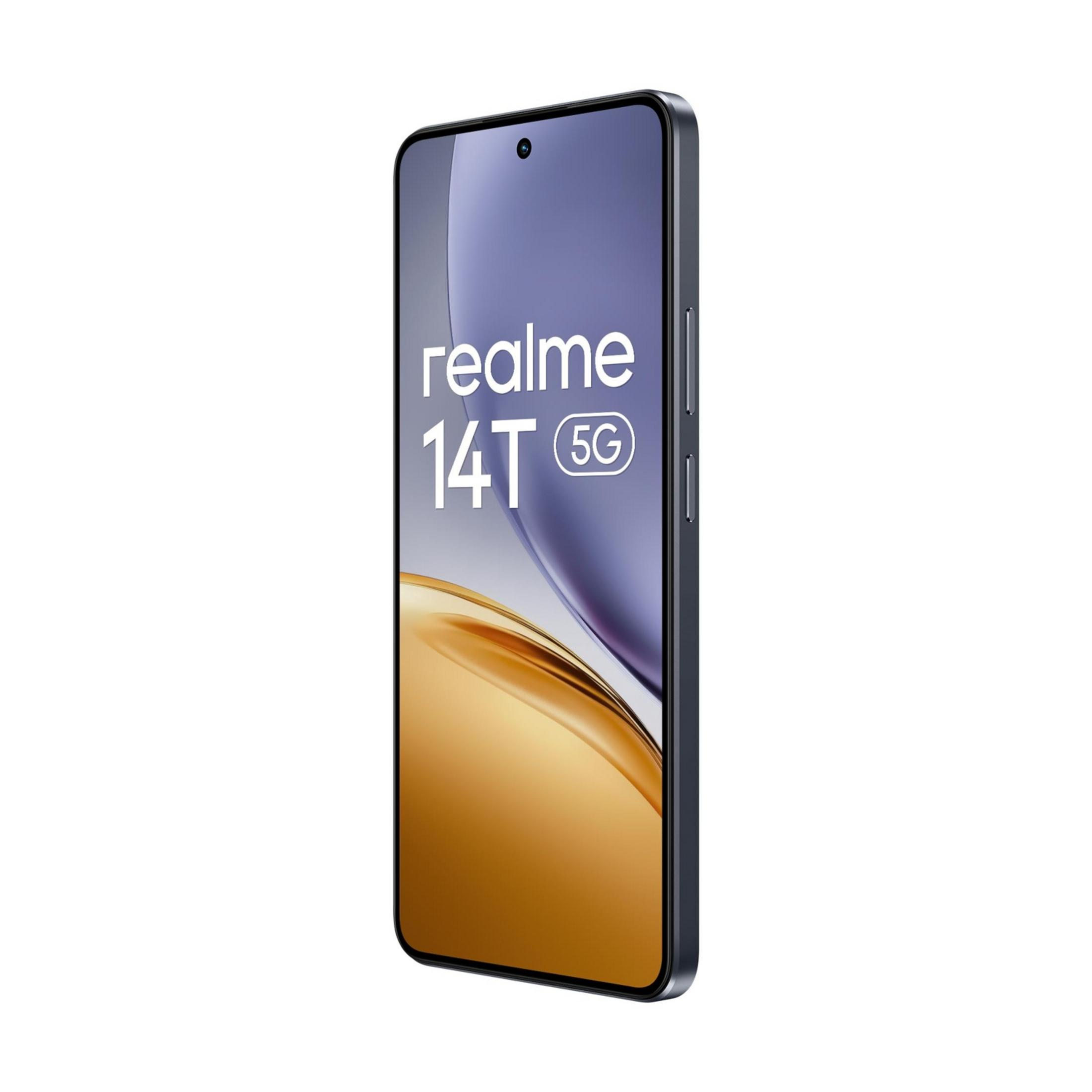 Uno smartphone Realme 14T 5G scuro con schermo ampio e fotocamera frontale.