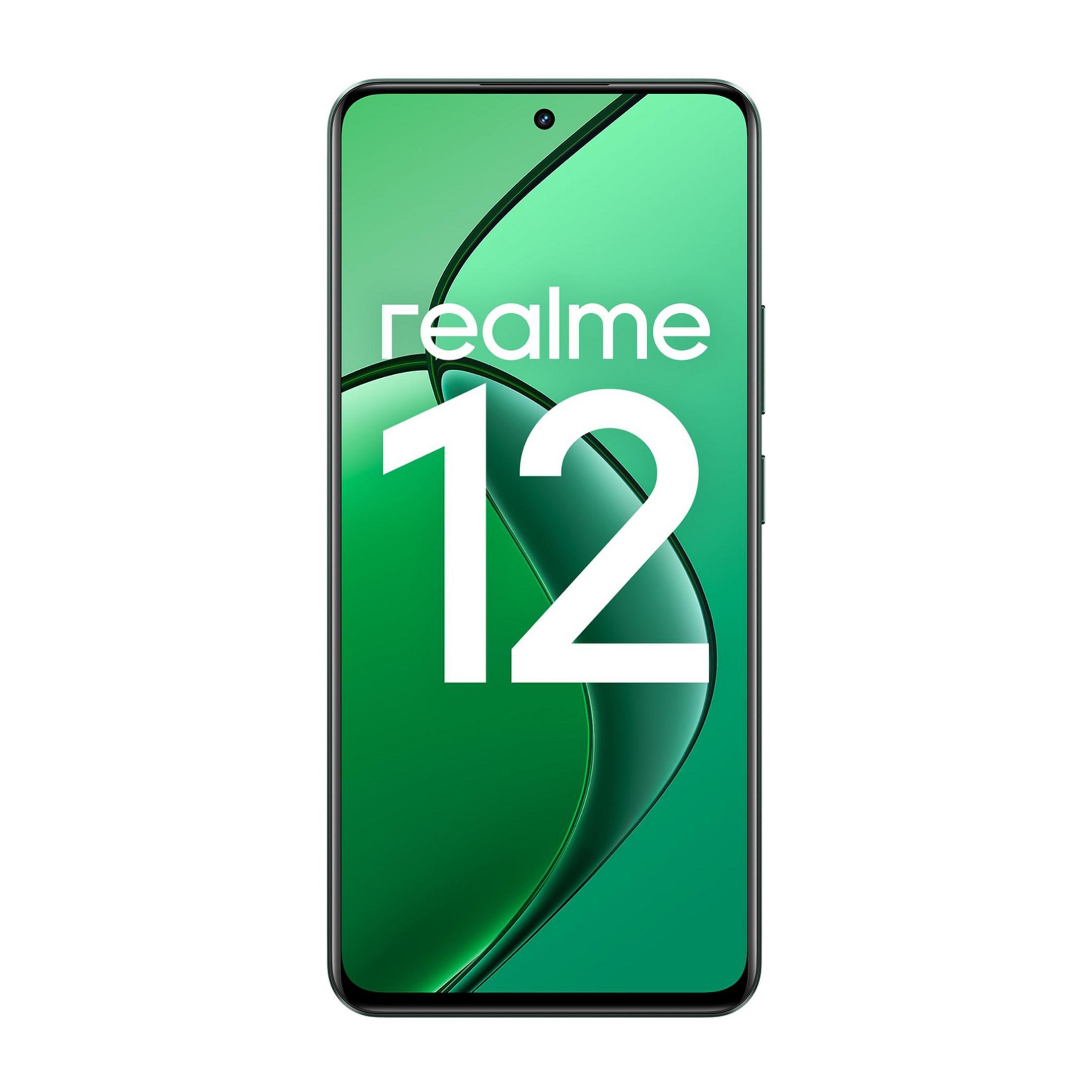 Smartfon z logo Realme i cyfrą 12 na zielonym tle.