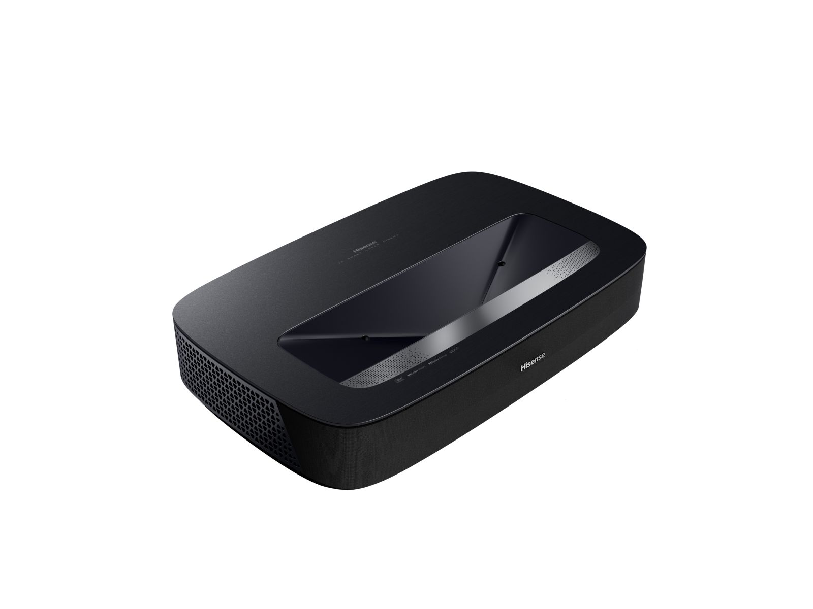 Czarny projektor laserowy Hisense z otworami wentylacyjnymi i obiektywem.