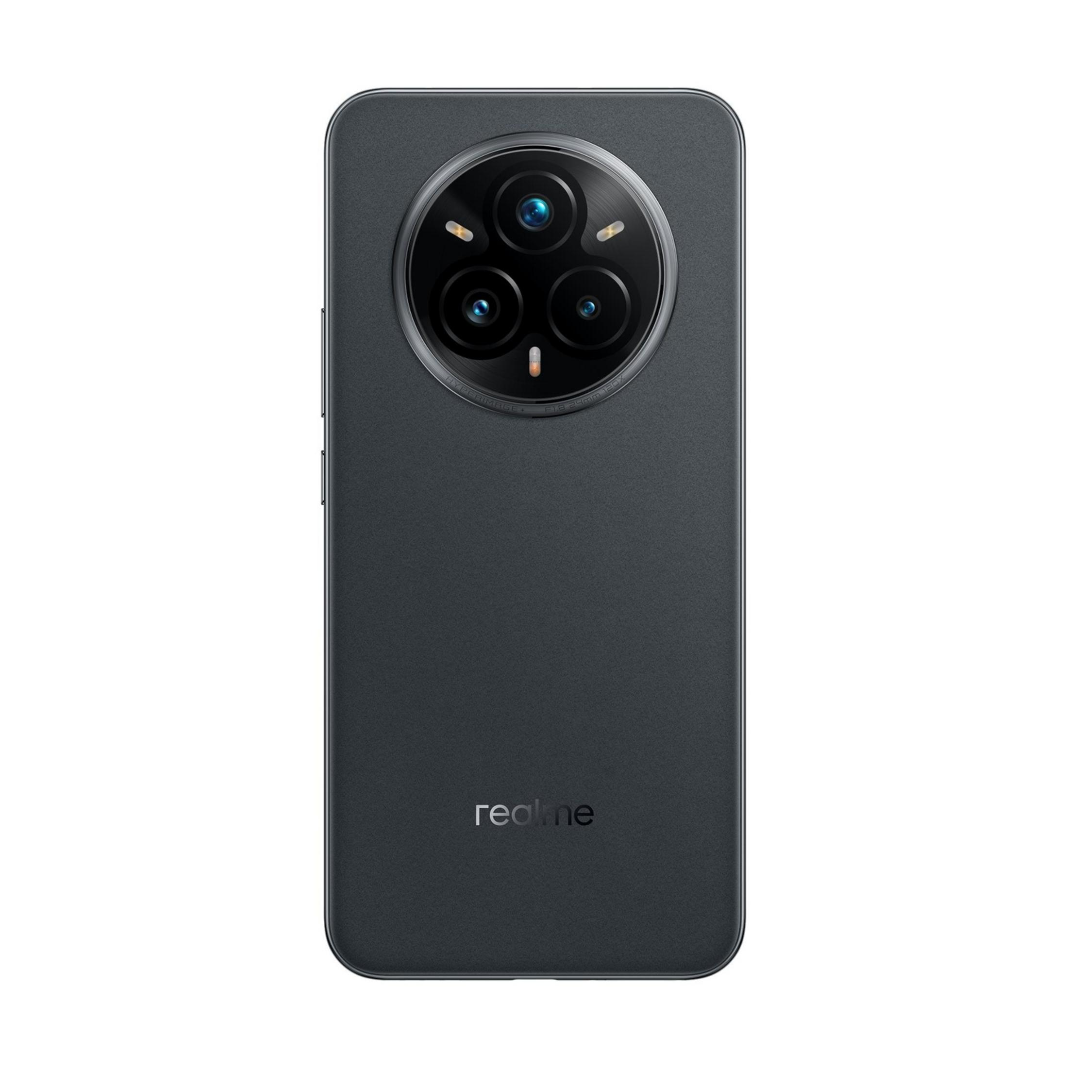 Dunkelgraues Smartphone mit runder Kamereinheit und drei Linsen oben.