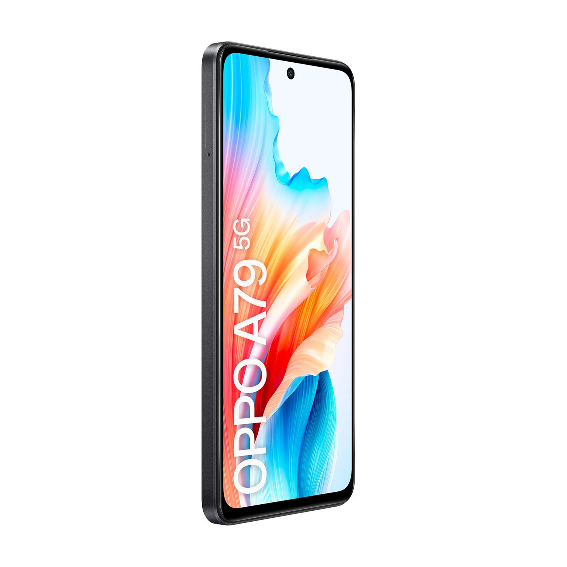 Un smartphone sombre avec le texte OPPO A79 5G et un fond coloré.