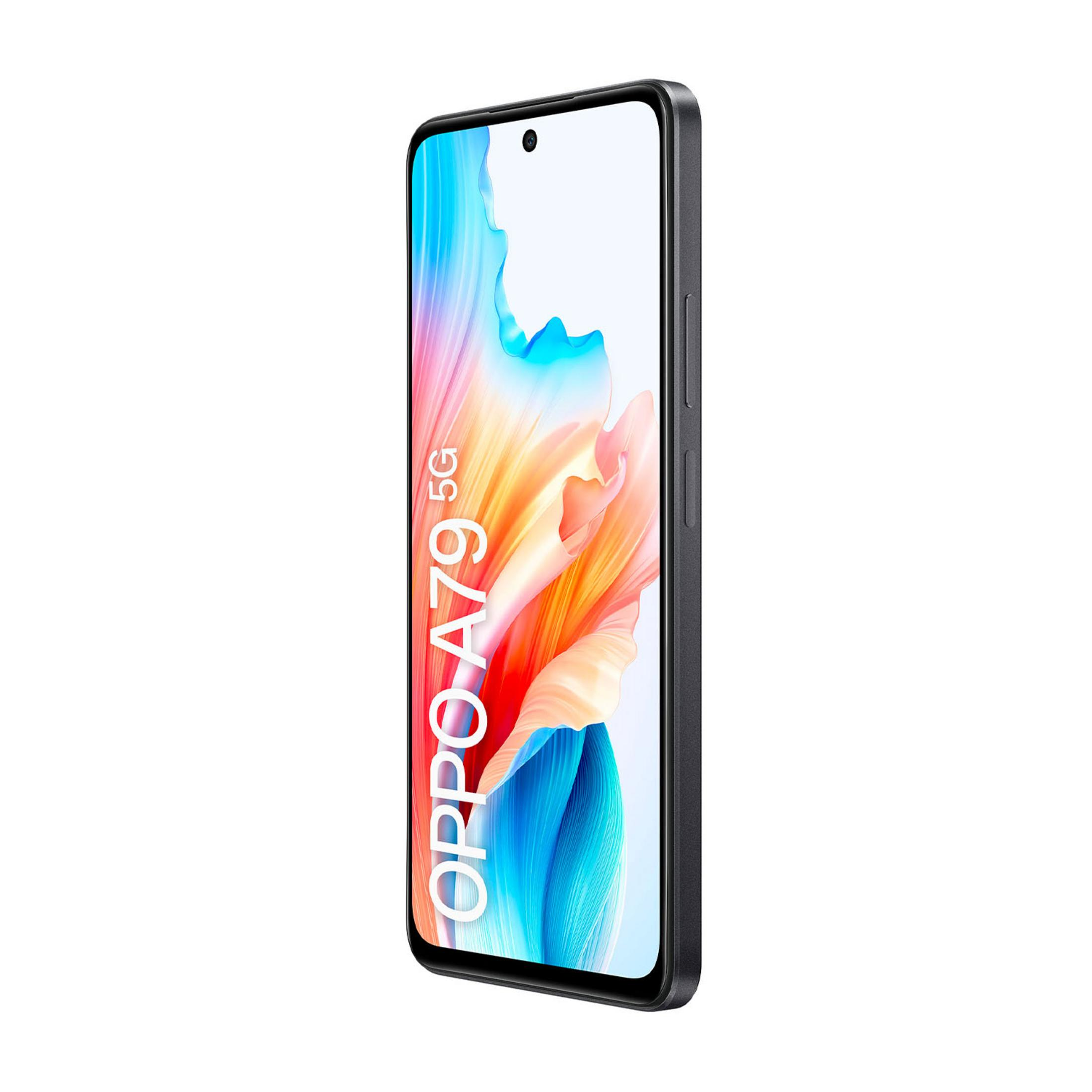 Smartphone gris avec texte OPPO A79 5G et fond d'écran coloré.