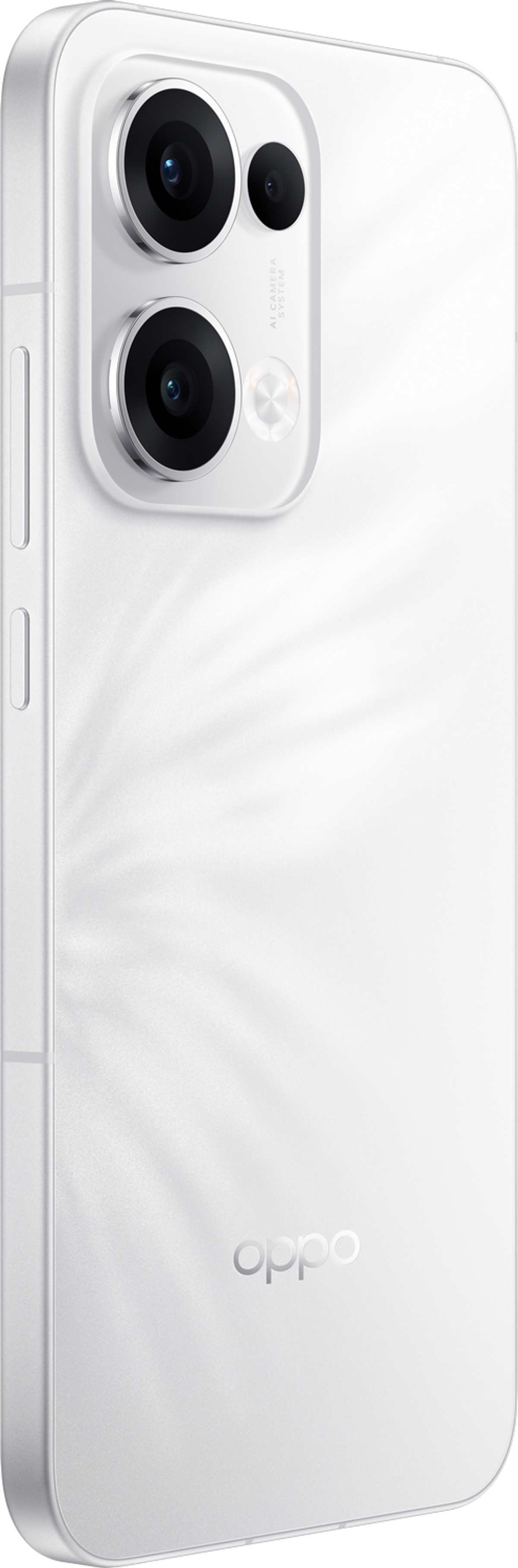 Biały smartfon z systemem kamer AI i logo OPPO.