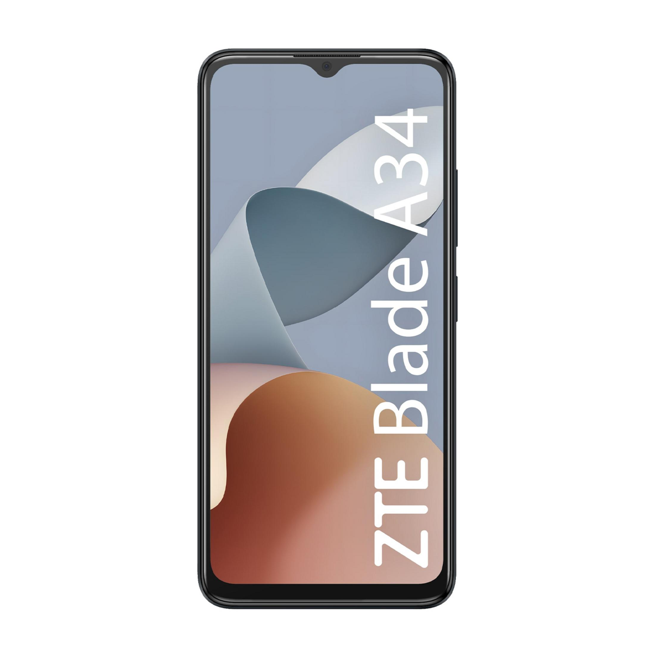 Un smartphone negro con el texto ZTE Blade A34 en pantalla.