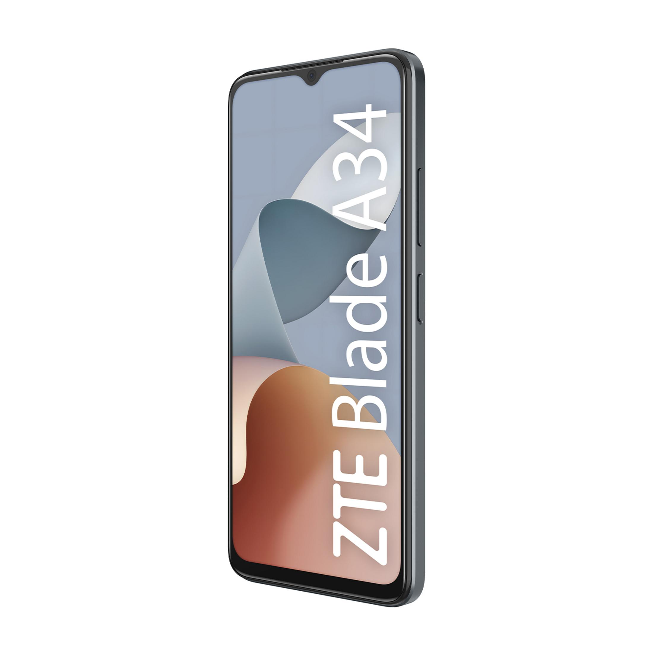 Teléfono inteligente gris con patrón de ondas y texto 'ZTE Blade A34'.