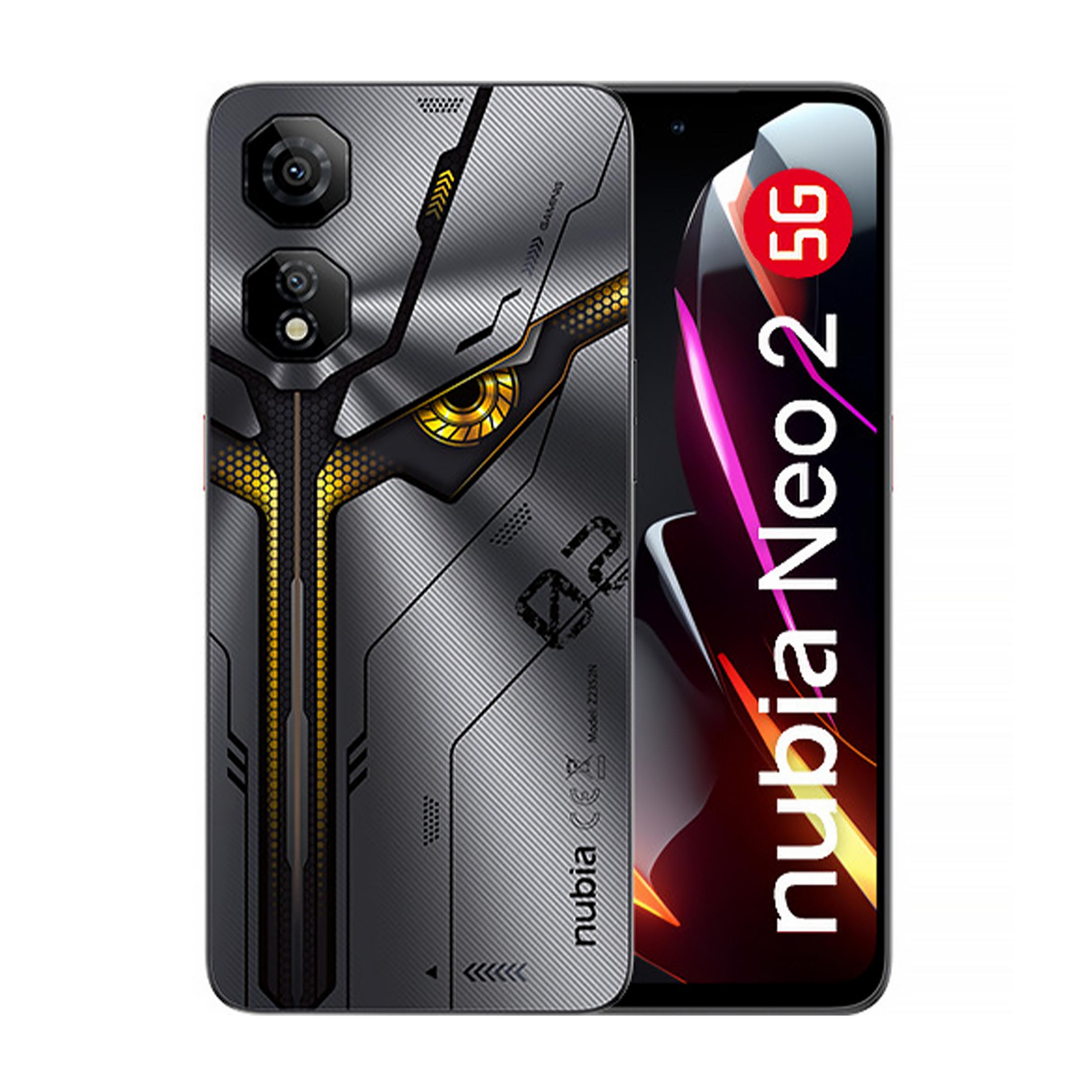 Smartfon z szarą, teksturowaną tylną obudową i żółtymi akcentami. Na ekranie widnieje napis 'nubia Neo 2 5G'.