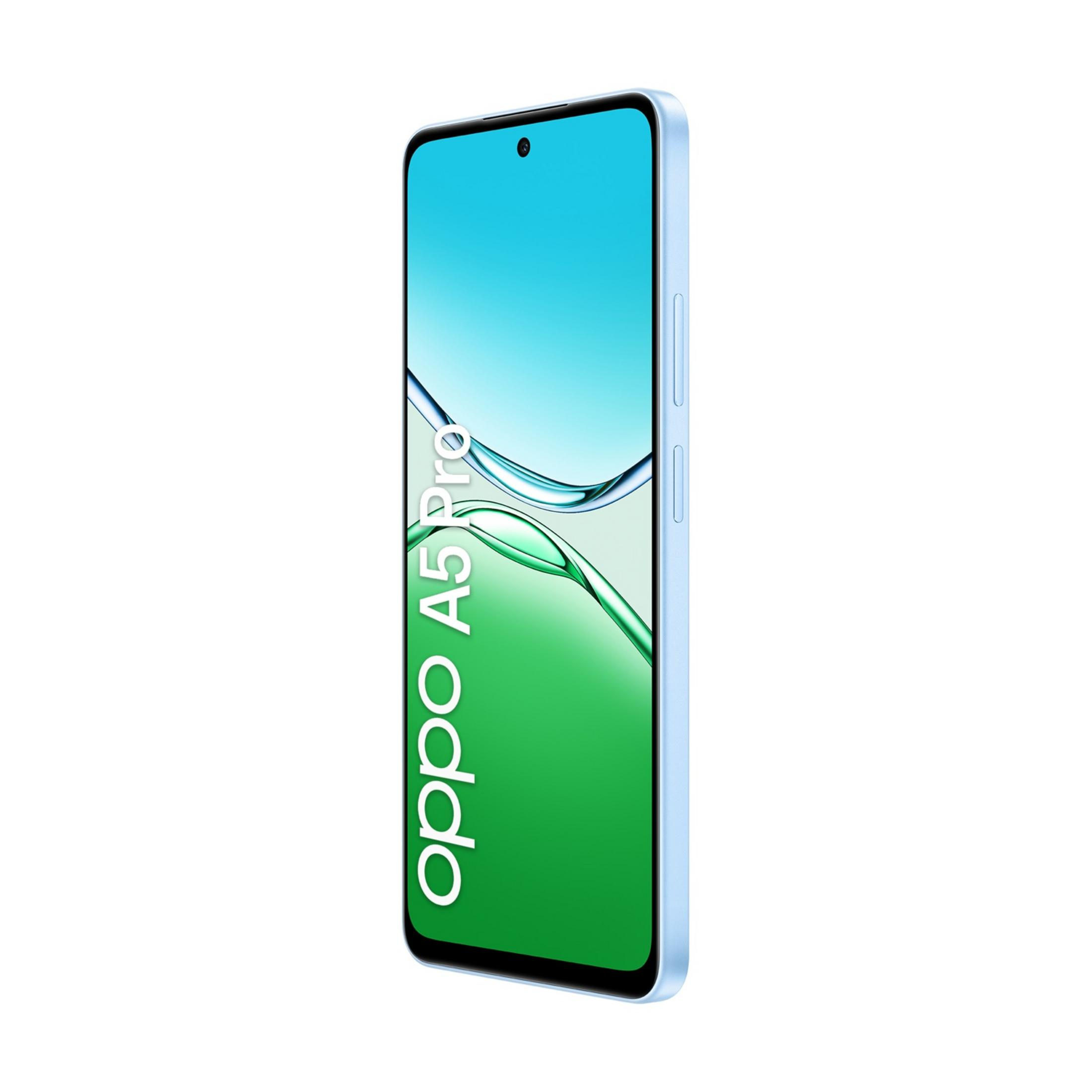 Jasnoniebieski smartfon Oppo A5 Pro z białym napisem na ekranie.