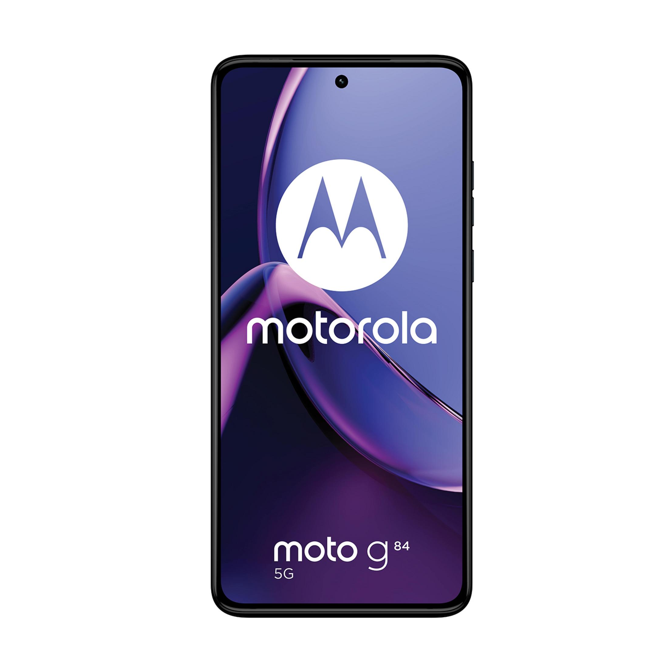 Smartfon Motorola Moto G84 5G z fioletowym tłem i logo Motorola.