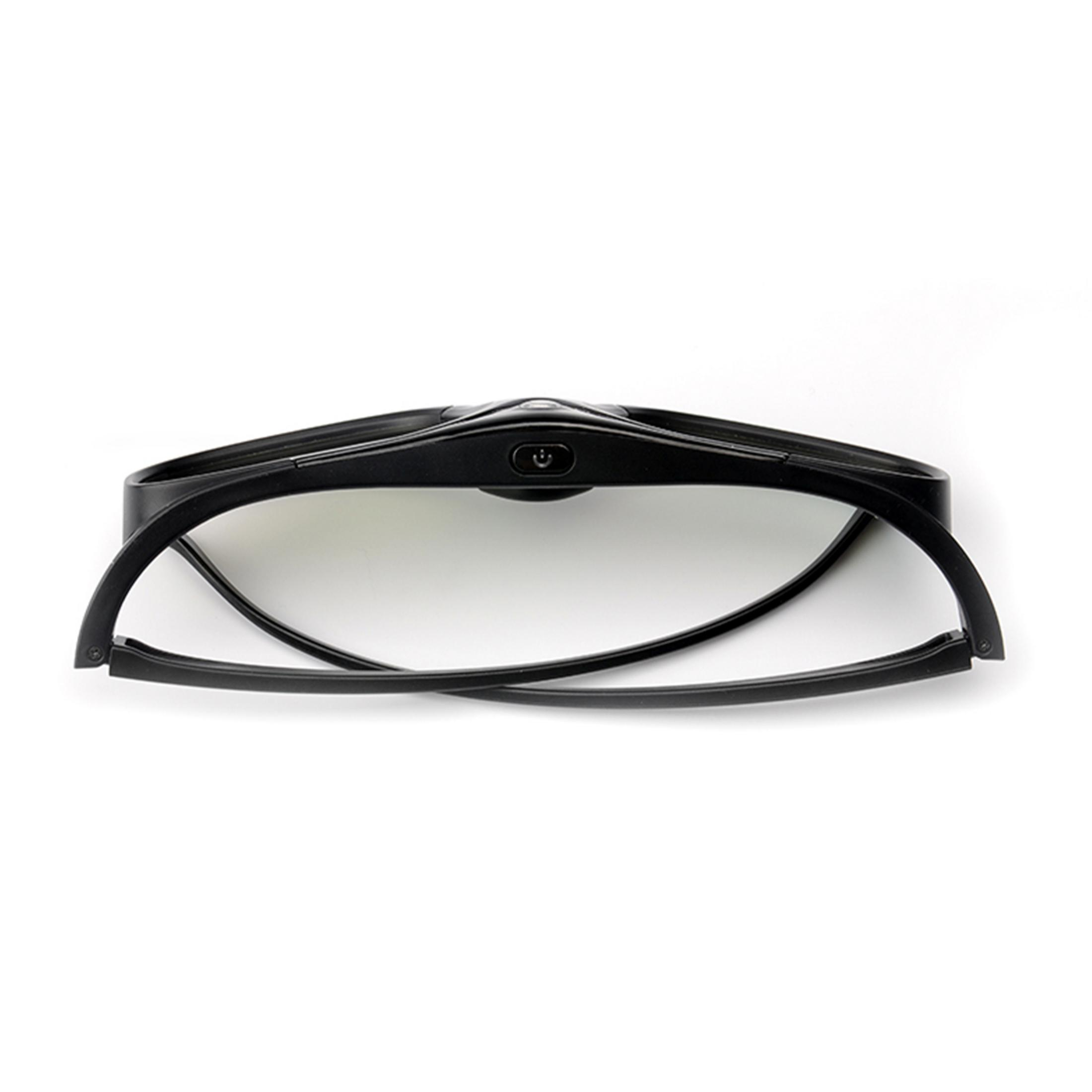 Schwarze 3D-Brille mit Power-Taste, auf weißem Hintergrund.