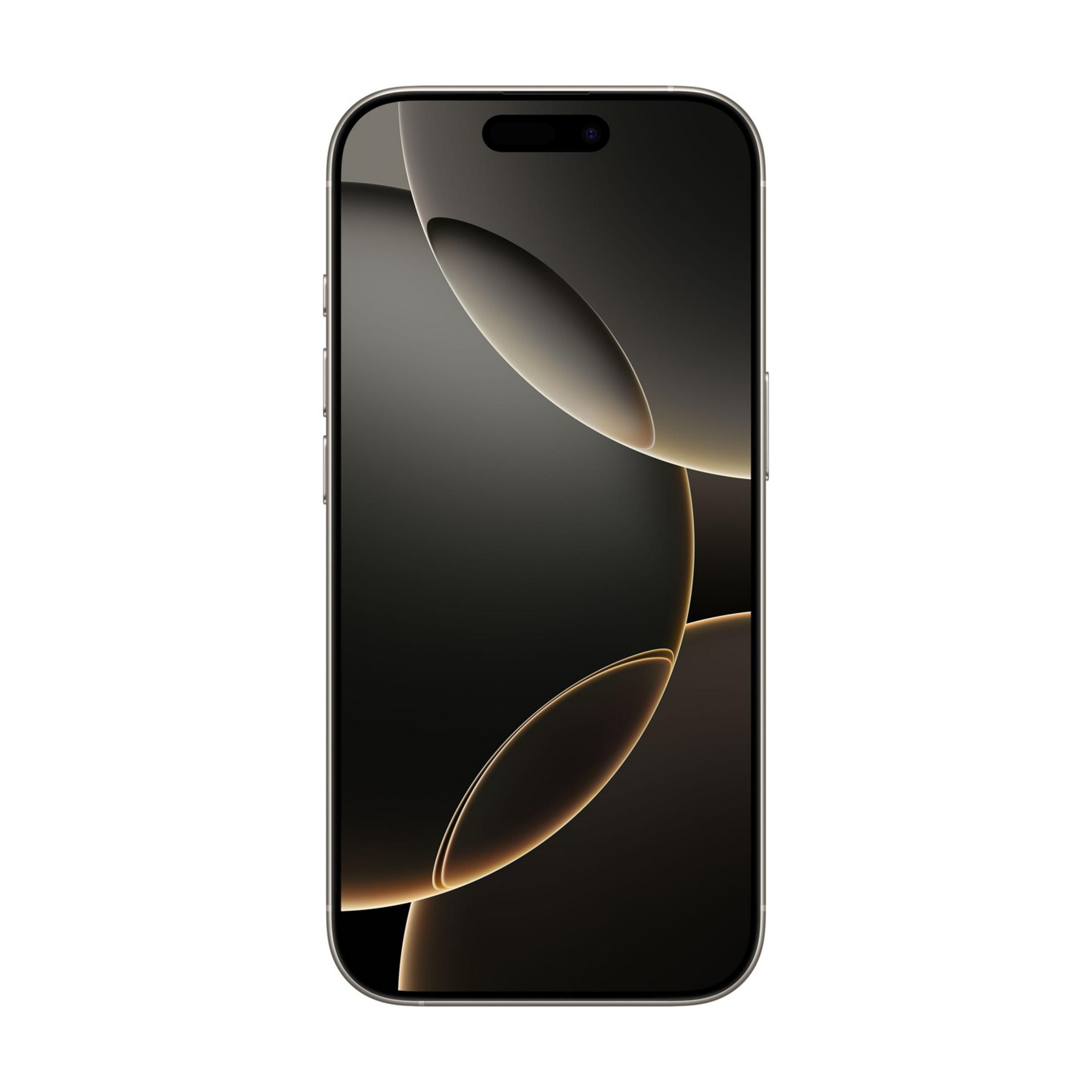 Nowoczesny smartfon z ciemnym ekranem i złotymi łukami światła.