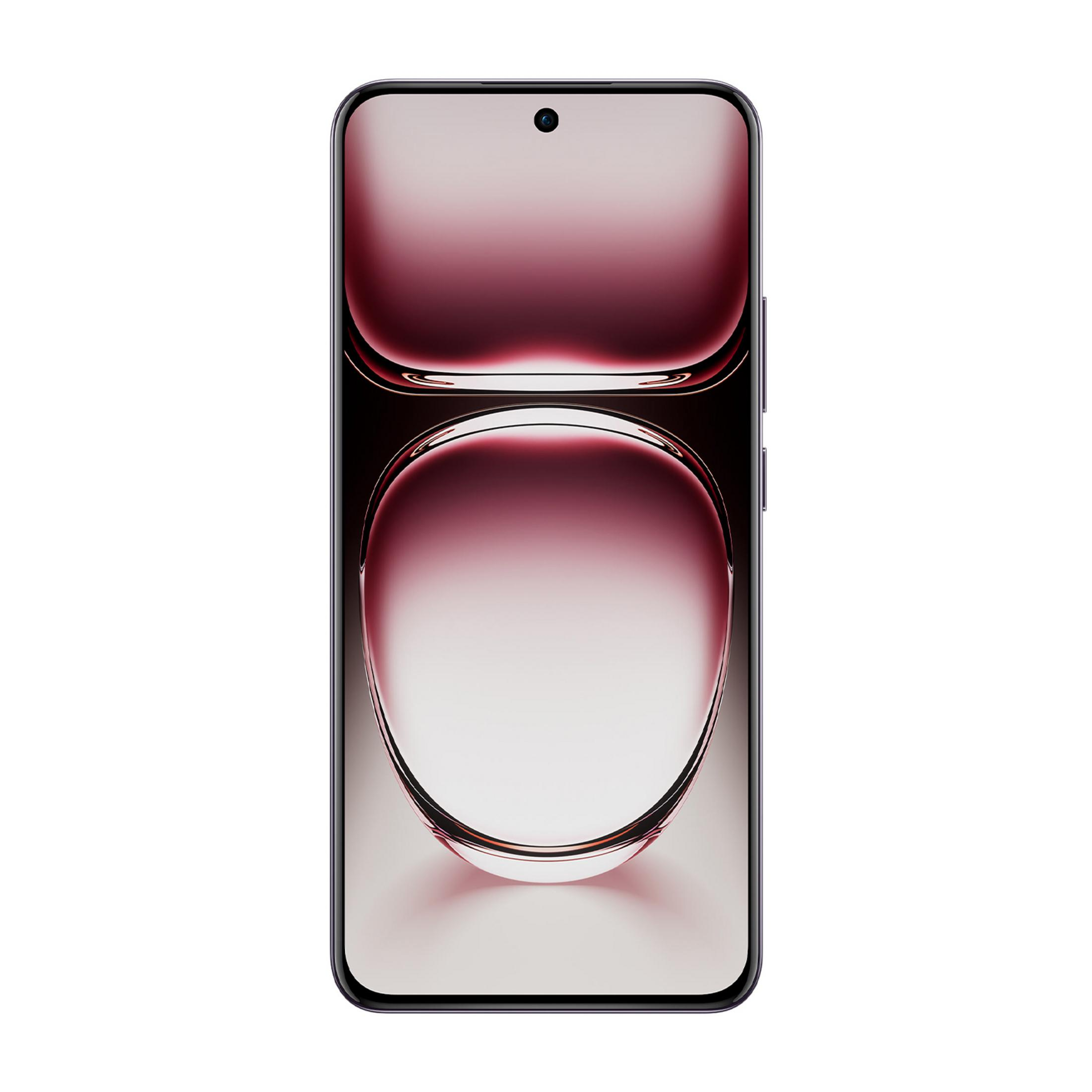 Czarny smartfon z burgundowym abstrakcyjnym tłem.